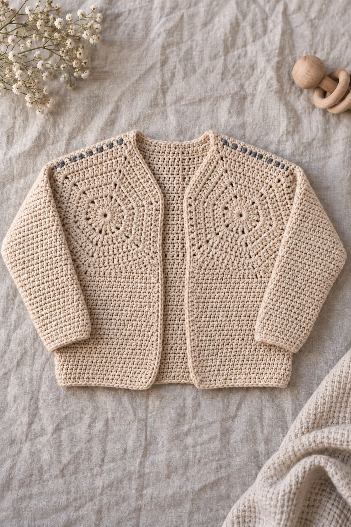 Completed warm oatmeal two-hexagon baby cardigan laid flat with long tapered sleeves, plain body extension and slim slate shoulder seams, open front, no child