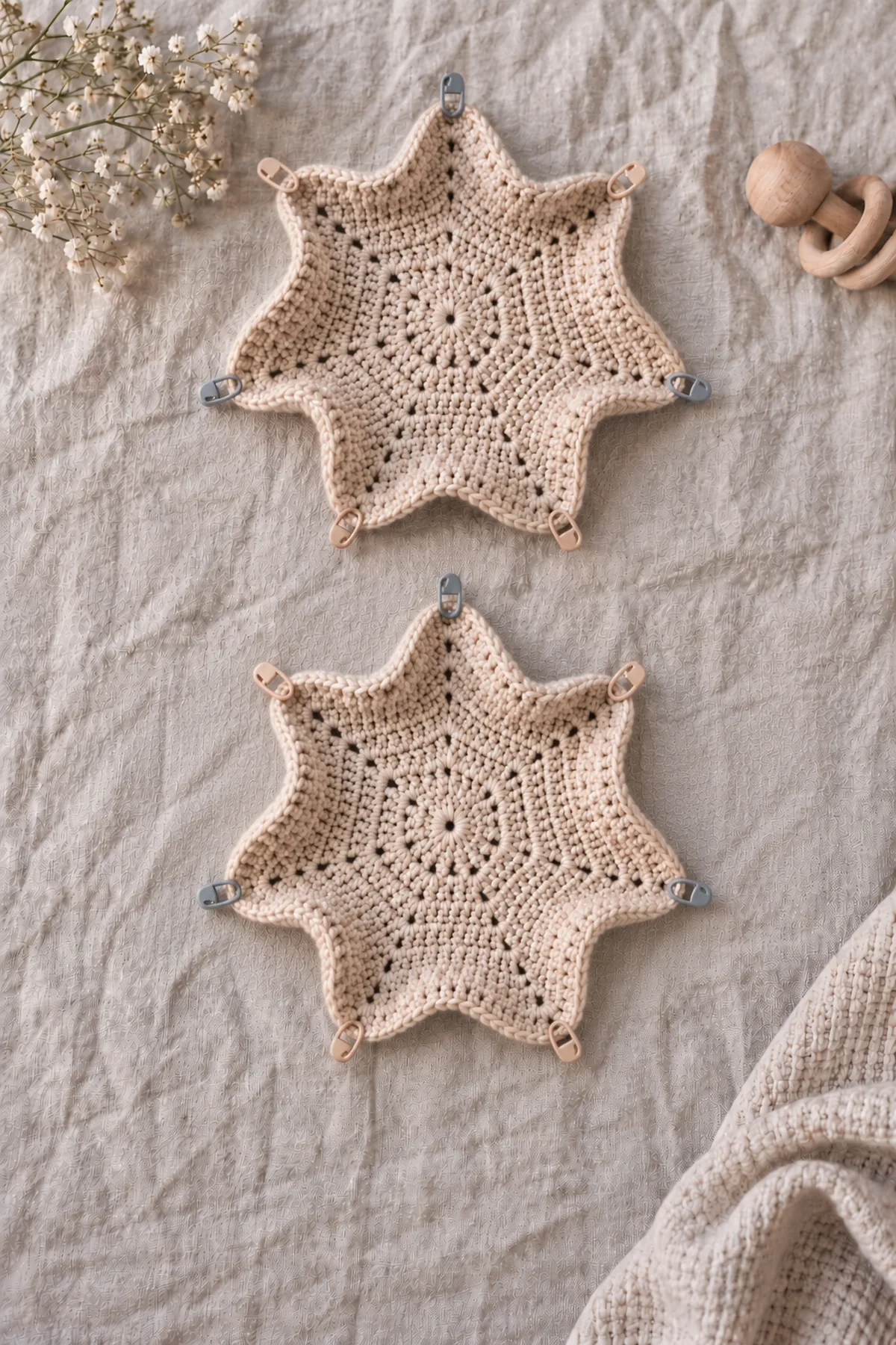 Two matching intentionally ruffled solid oatmeal six-sided crochet pieces with six marked corners, one loosely folded into an L-shaped half baby cardigan