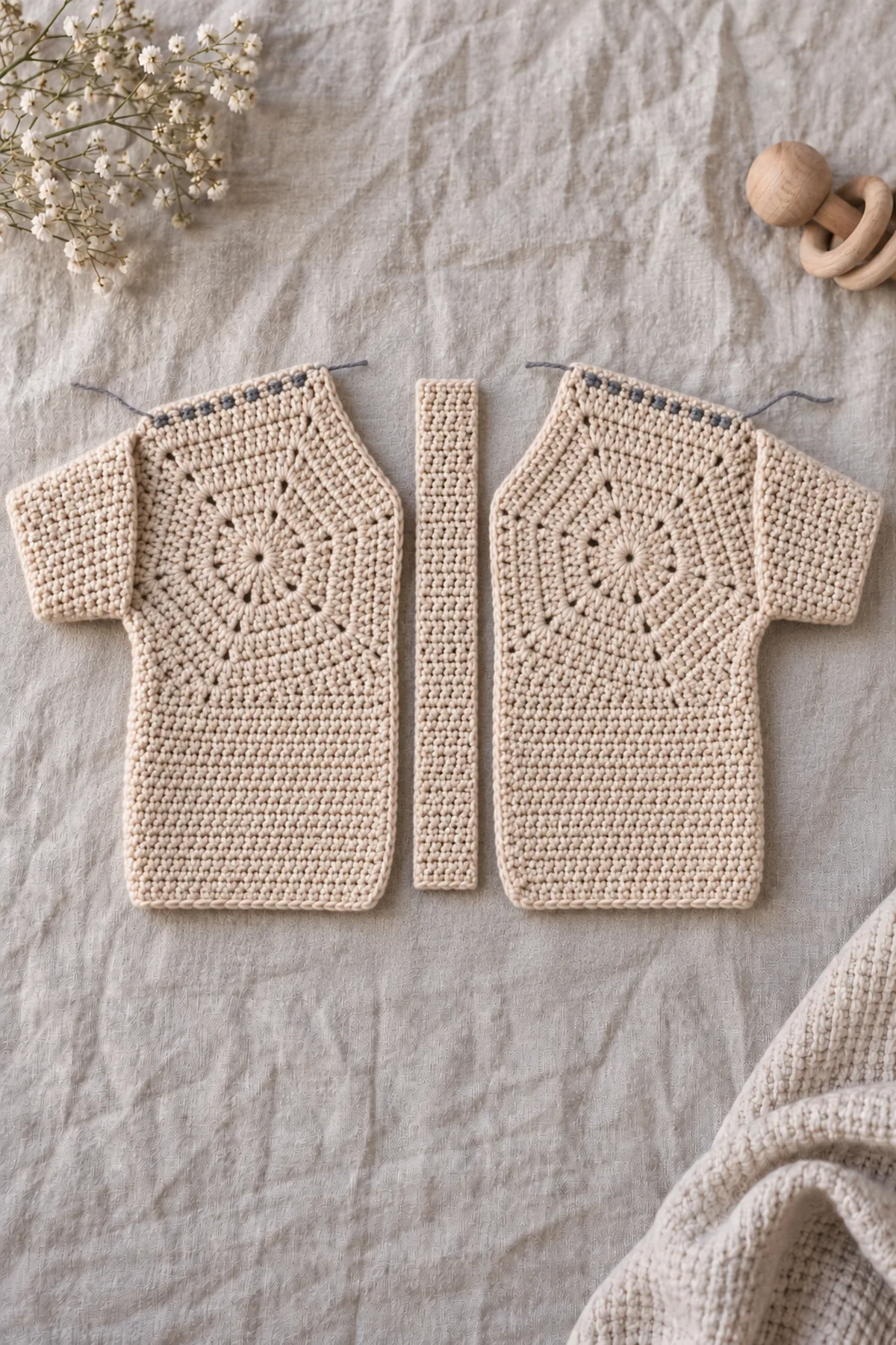 Two mirrored oatmeal L-shaped half-cardigans with a separate narrow eight-sc-wide center-back strip between their marked back edges, sleeve openings left free and shoulder tops basted