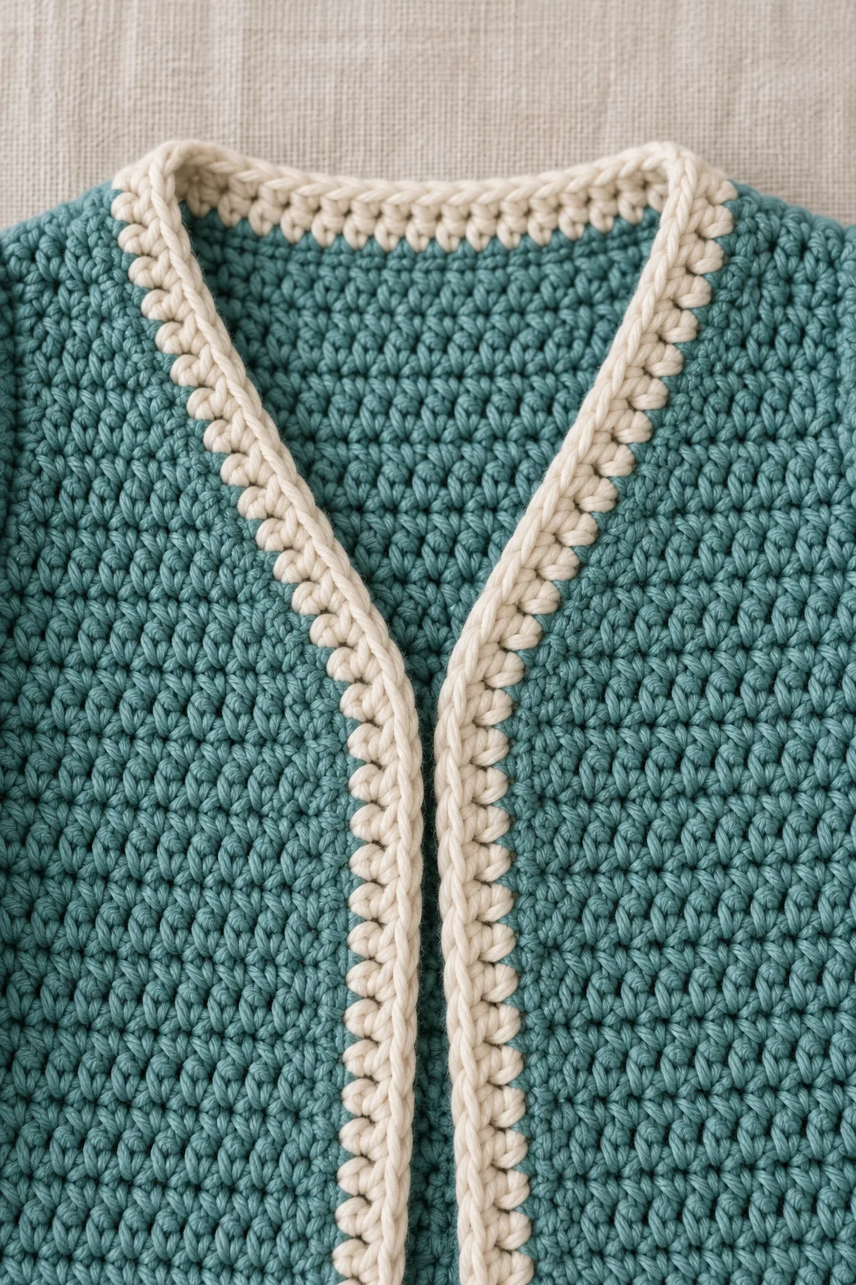 Close-up of muted teal hdc front V slope with continuous ecru two-row single-crochet placket curving smoothly across the back neck, no buttons or tabs.