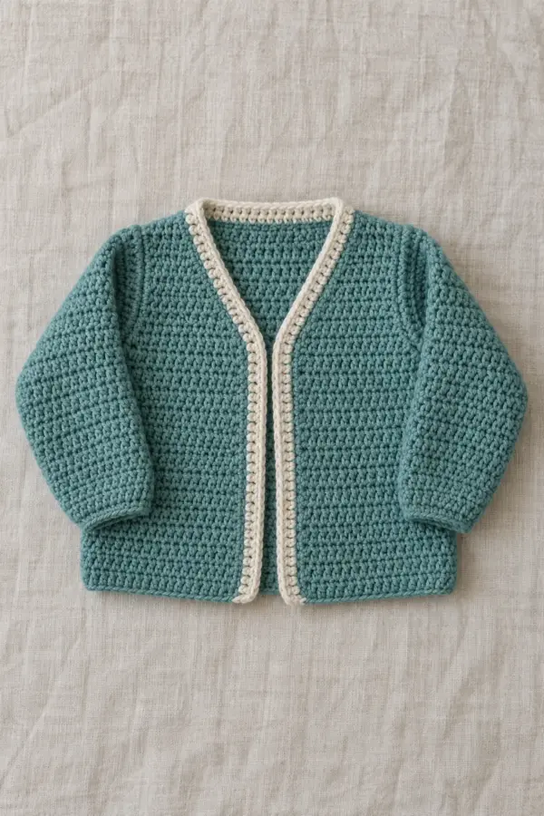 Finished original muted teal open baby cardigan with a clear symmetrical tapered V neckline, plain back and long tapered sleeves; continuous two-row ecru contrast crochet placket traces both front edges and the back neck, no buttons or collar, whole garment flat on linen.