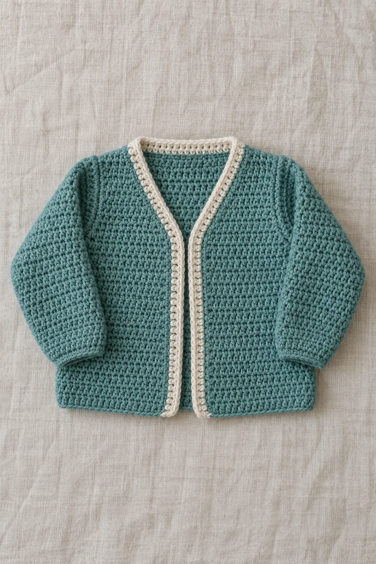 Finished original muted teal open baby cardigan with a clear symmetrical tapered V neckline, plain back and long tapered sleeves; continuous two-row ecru contrast crochet placket traces both front edges and the back neck, no buttons or collar, whole garment flat on linen.