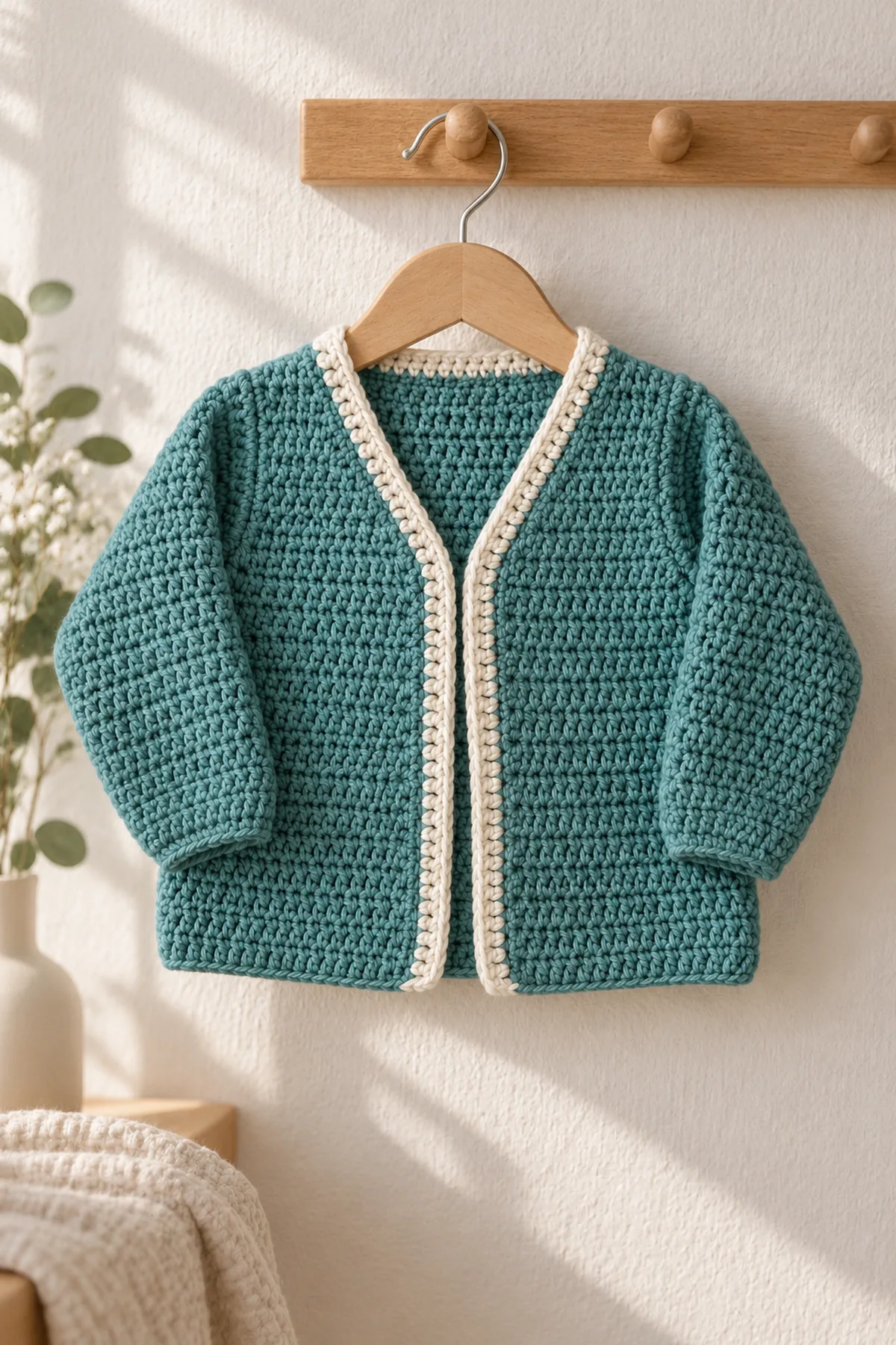 Completed muted teal open V-neck baby cardigan with continuous ecru contrasting front-and-neck placket and long sleeves, on child-size wooden hanger in daylight; no baby, buttons or ties.