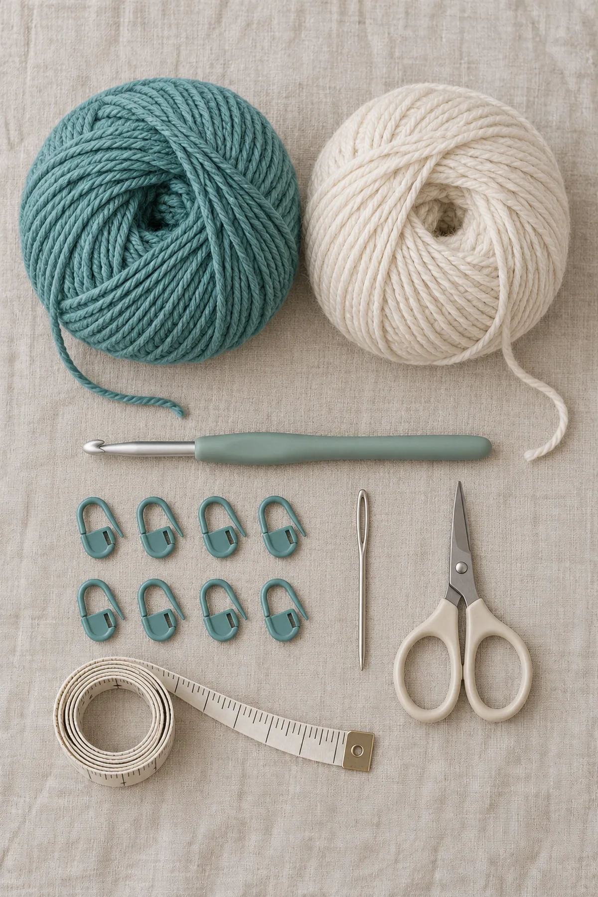 Muted teal and ecru washable DK yarn balls, 4 mm hook, eight markers, yarn needle, scissors and measuring tape on neutral linen; no finished garment.