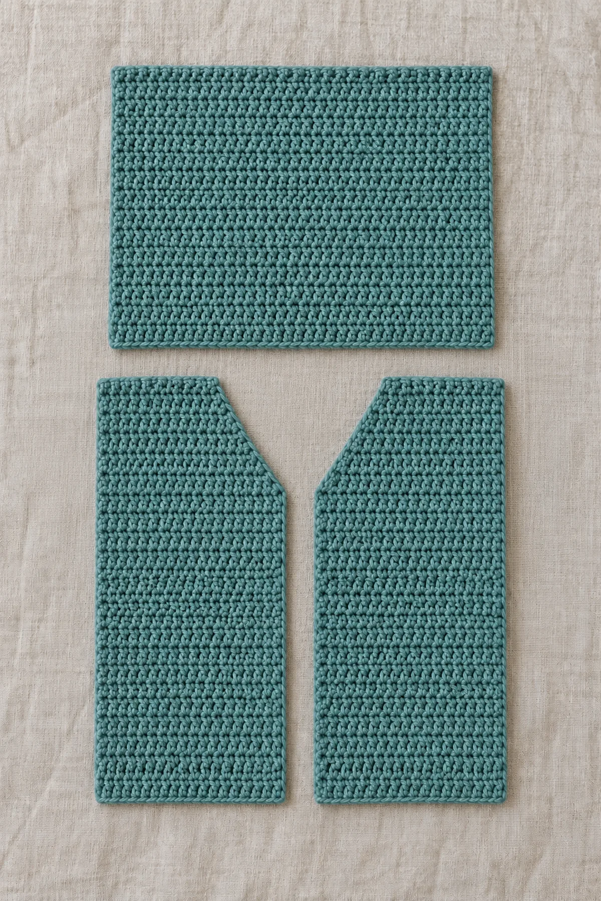 One straight teal back rectangle and two separate teal front panels with mirrored inner edges that taper inward gradually toward the upper shoulder, unmistakable V-neck construction, no sleeves or border yet.