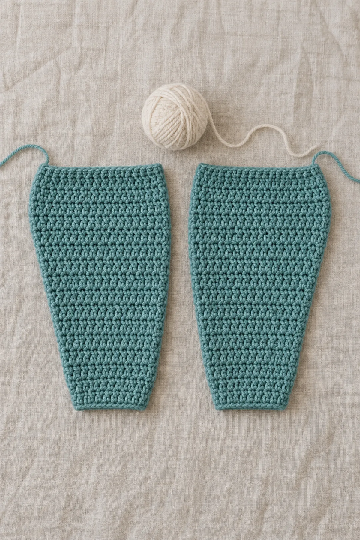 Two separate teal gently tapered sleeve panels from42-stitch upper edges to30-stitch cuffs, alongside a small ecru yarn ball for upcoming placket; no complete garment.