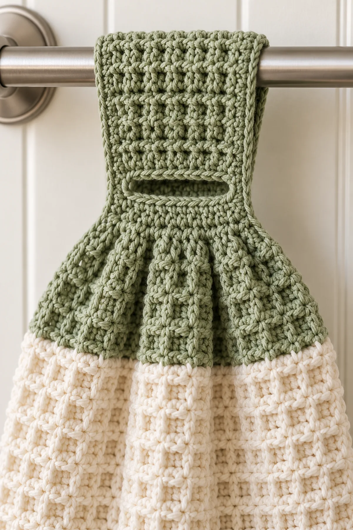 Close detail of sage cotton integral towel tab wrapped over a plain cool rail, narrow neck visible and soft waffle body passing through the wide reinforced horizontal slot. No button or detachable fastener. Visible sturdy crochet edge stitches and raised waffle texture