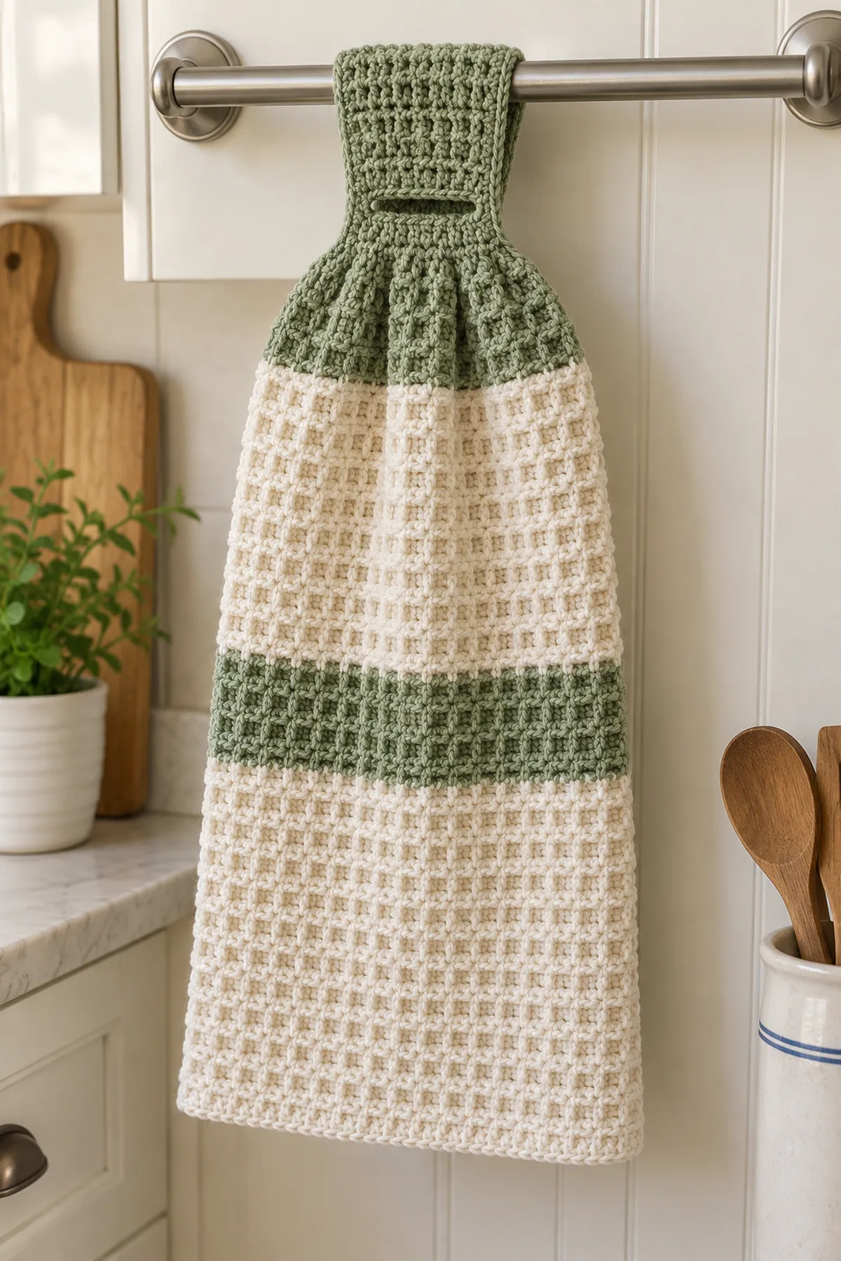 One cotton crochet hanging kitchen towel, rectangular waffle-cell textured body about 10 inches wide and 14 inches long. From bottom upward broad cream section, narrow sage band, broad cream section, narrow sage upper band. Sage top tapers smoothly into short narrow neck then widens into a broad slotted tab. Tab draped over a simple cool towel rail and towel body pulled through wide slot, no button, no ties, no ornaments. Quiet cream kitchen background, no person