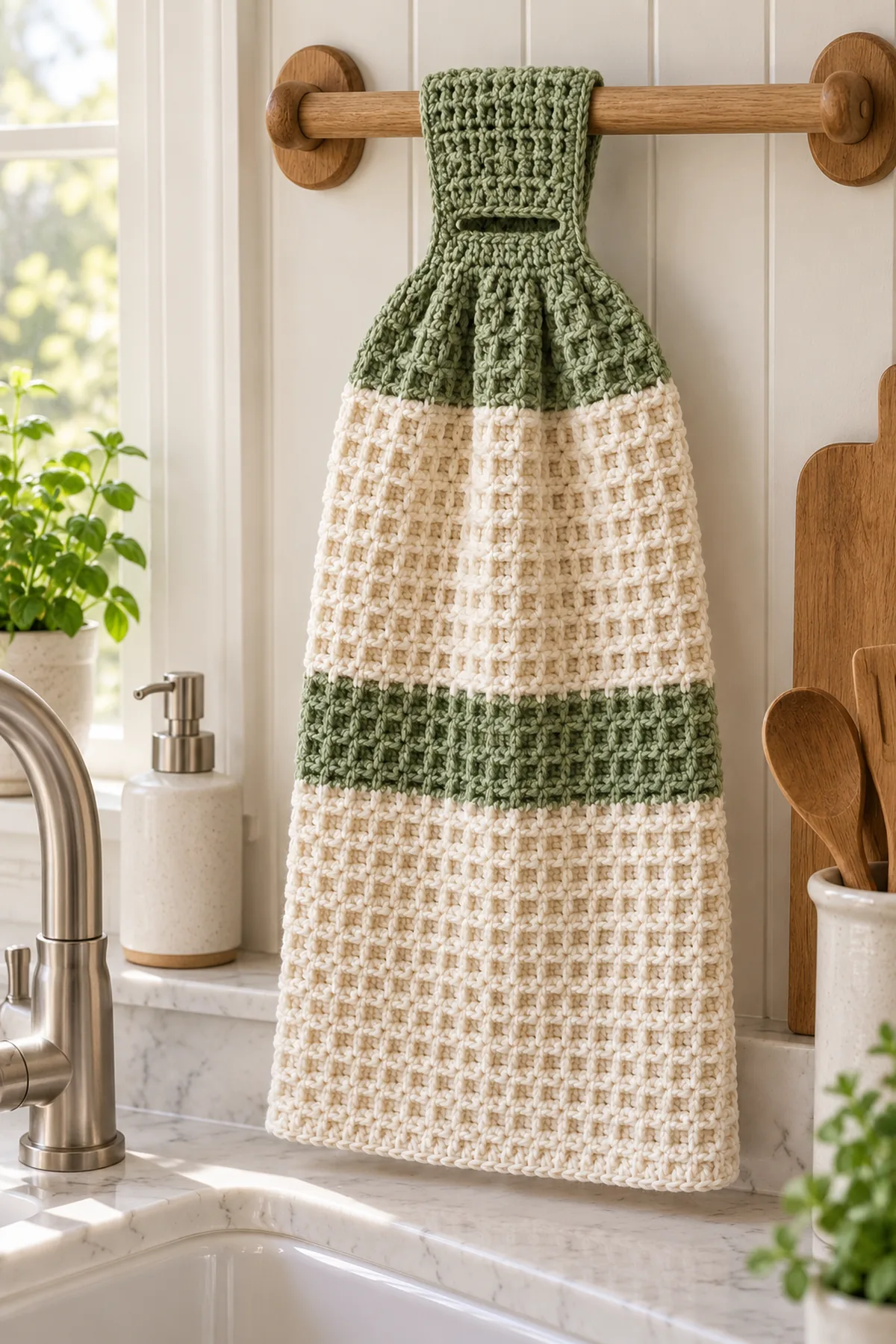 Same cream-and-sage striped waffle crochet kitchen towel hanging by its integral sage loop-through slotted tab from a separate wooden towel rail beside a sink, no active oven, no heat, no person. Body rectangular with two sage bands among cream, natural morning light