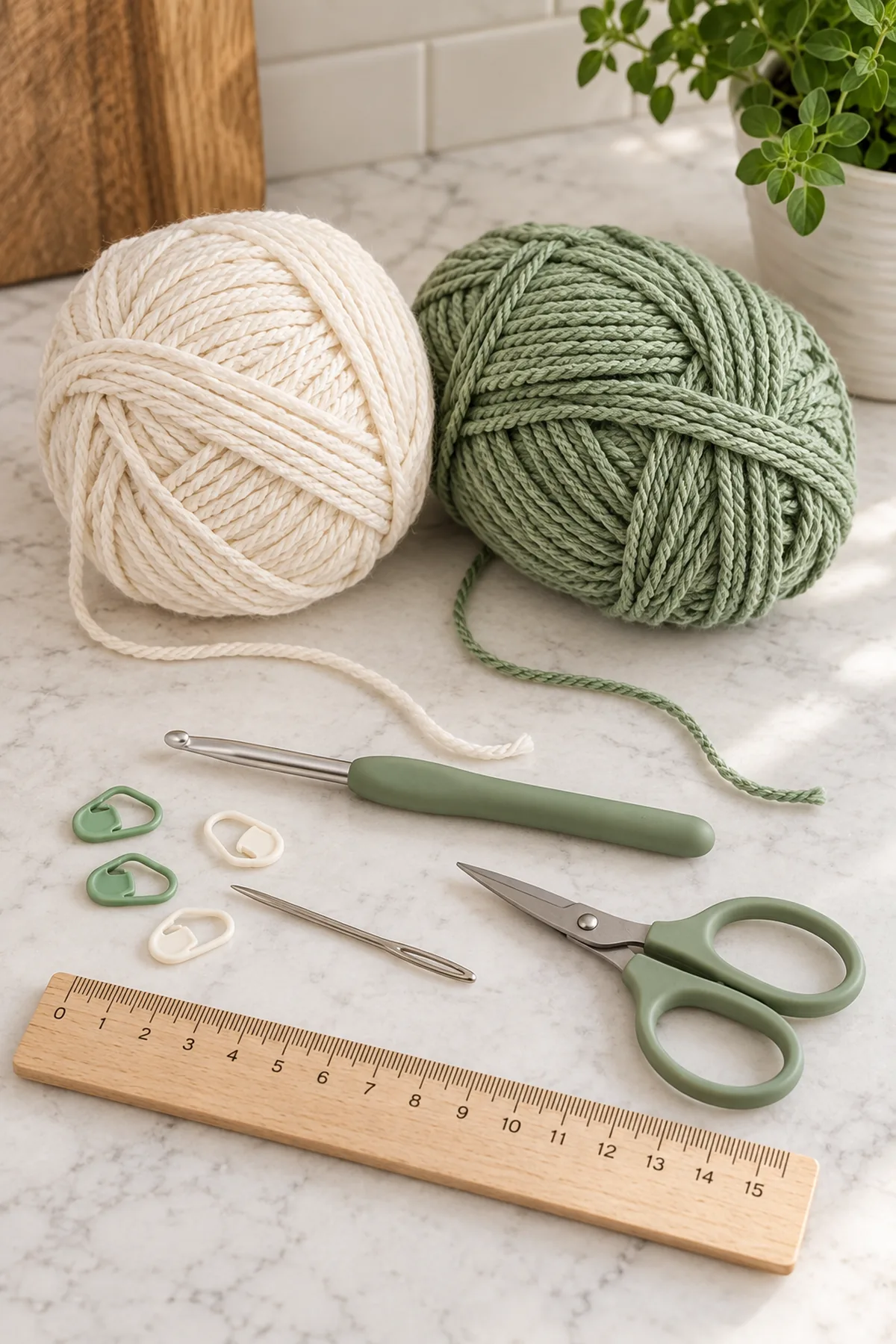 Cream and sage worsted cotton yarn, 4.5 mm hook, markers, yarn needle, scissors and ruler on pale kitchen table; supplies only, no finished towel, no button