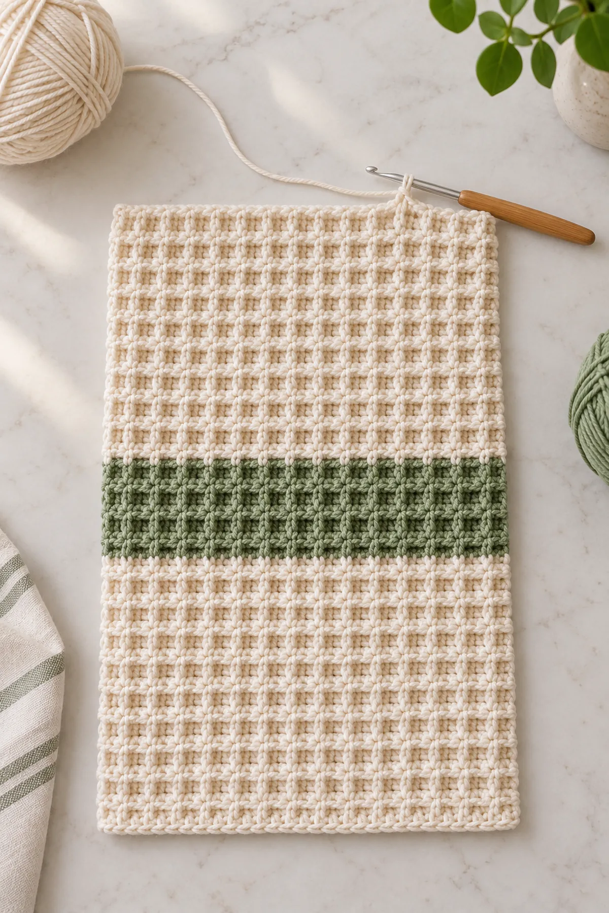 Flat unfinished cotton waffle-stitch towel rectangle on pale table, 32 stitches wide, lower broad cream band and narrow sage band complete, second cream band partly worked with hook at upper edge. No top taper or tab yet. Crisp square waffle-cell crochet texture