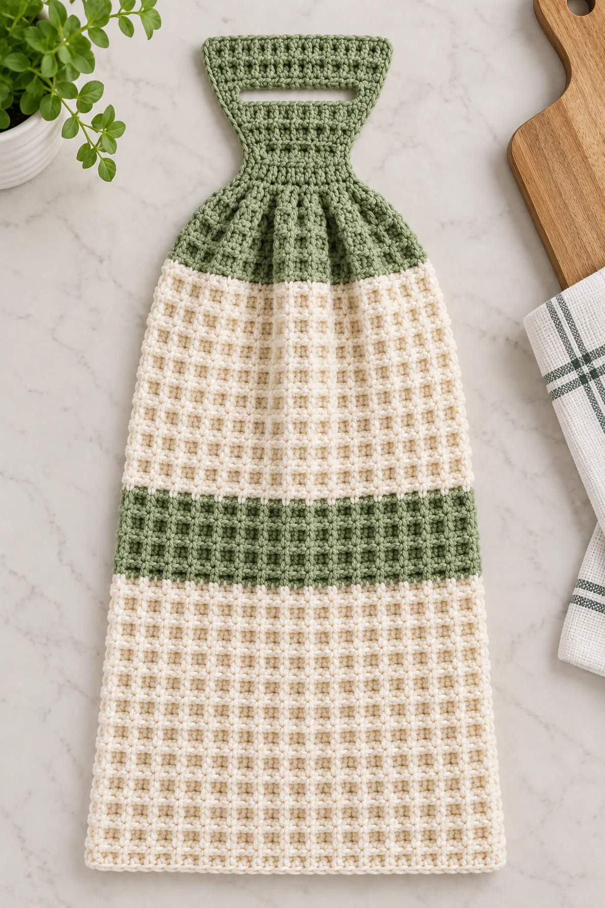 Entire flat cream-and-sage waffle towel on pale table, sage top narrowed into eight-stitch neck and widened into broad fan-shaped tab. A single large horizontal slot spans most of tab width, with reinforced upper band. Piece not hung yet, no buttons, no ties; show full construction and visible slot