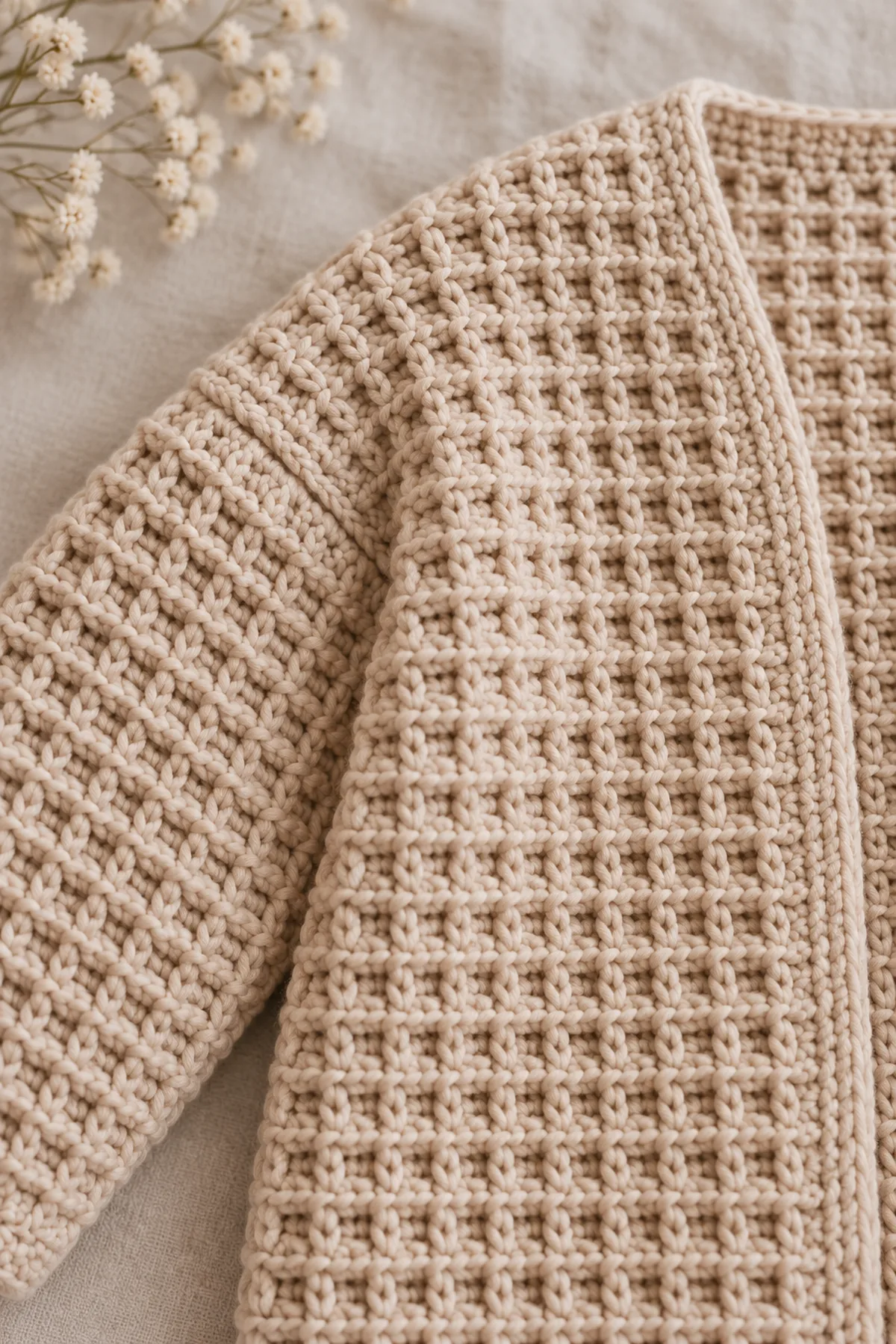 Macro of warm-oat recessed waffle crochet cells and the smooth low-bulk dropped shoulder seam