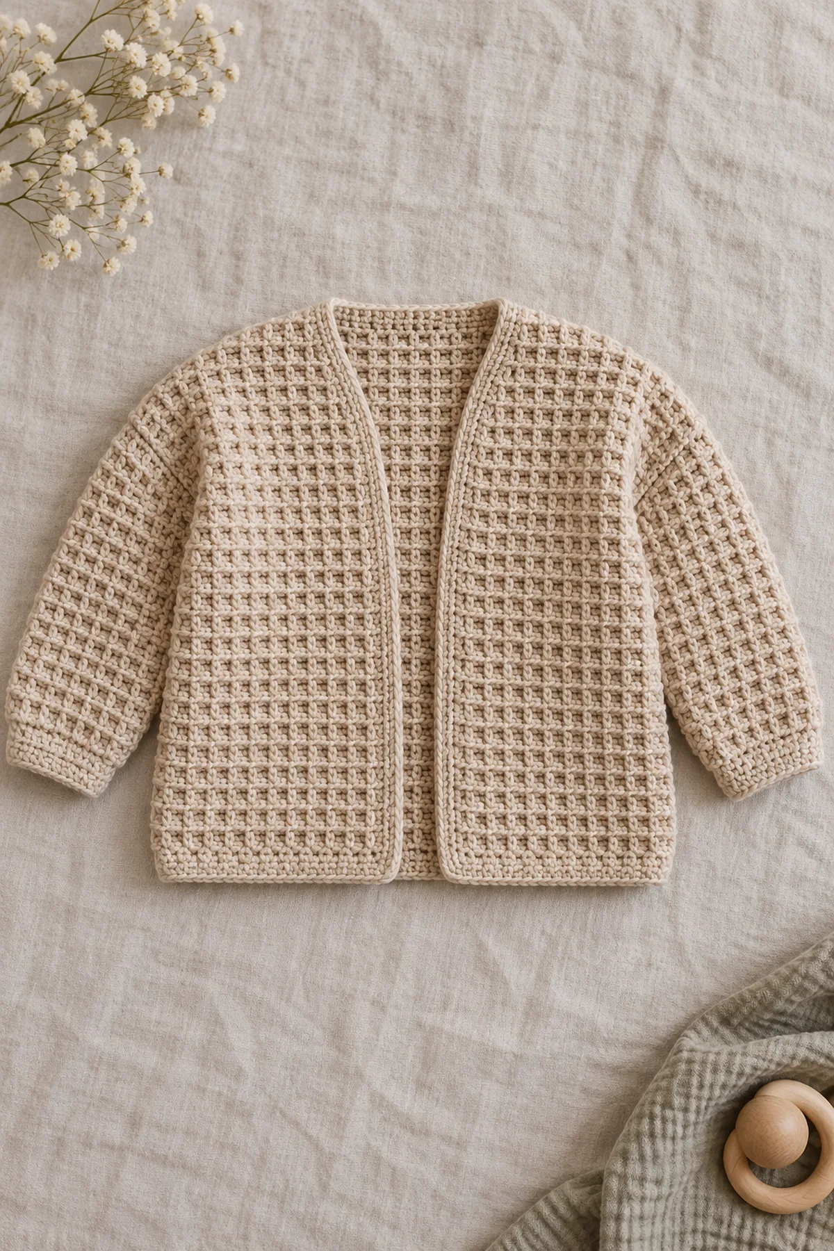 Warm-oat crochet baby cardigan with shallow all-over small waffle cells, dropped shoulders, long sleeves and open straight front, no collar