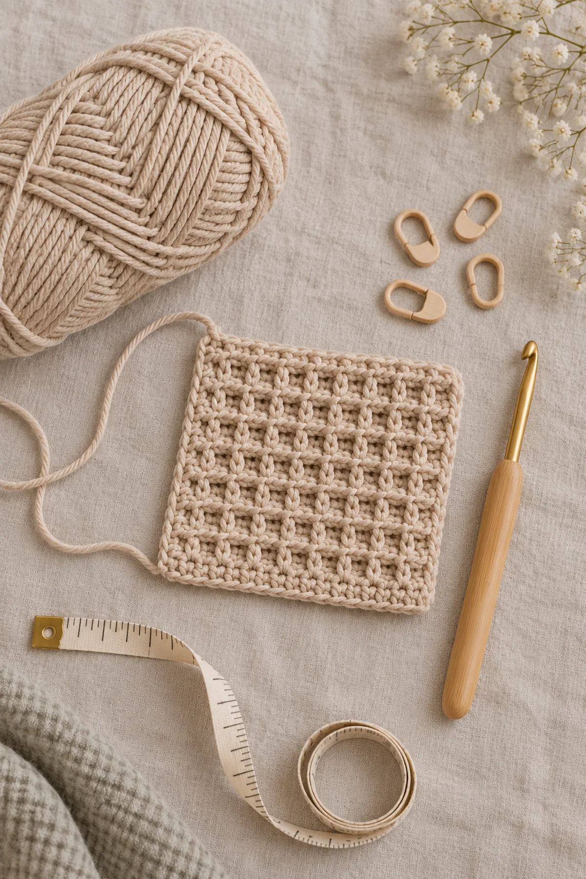 Warm-oat DK yarn, hook, a small washed waffle-grid swatch, markers and measuring tape; no completed garment