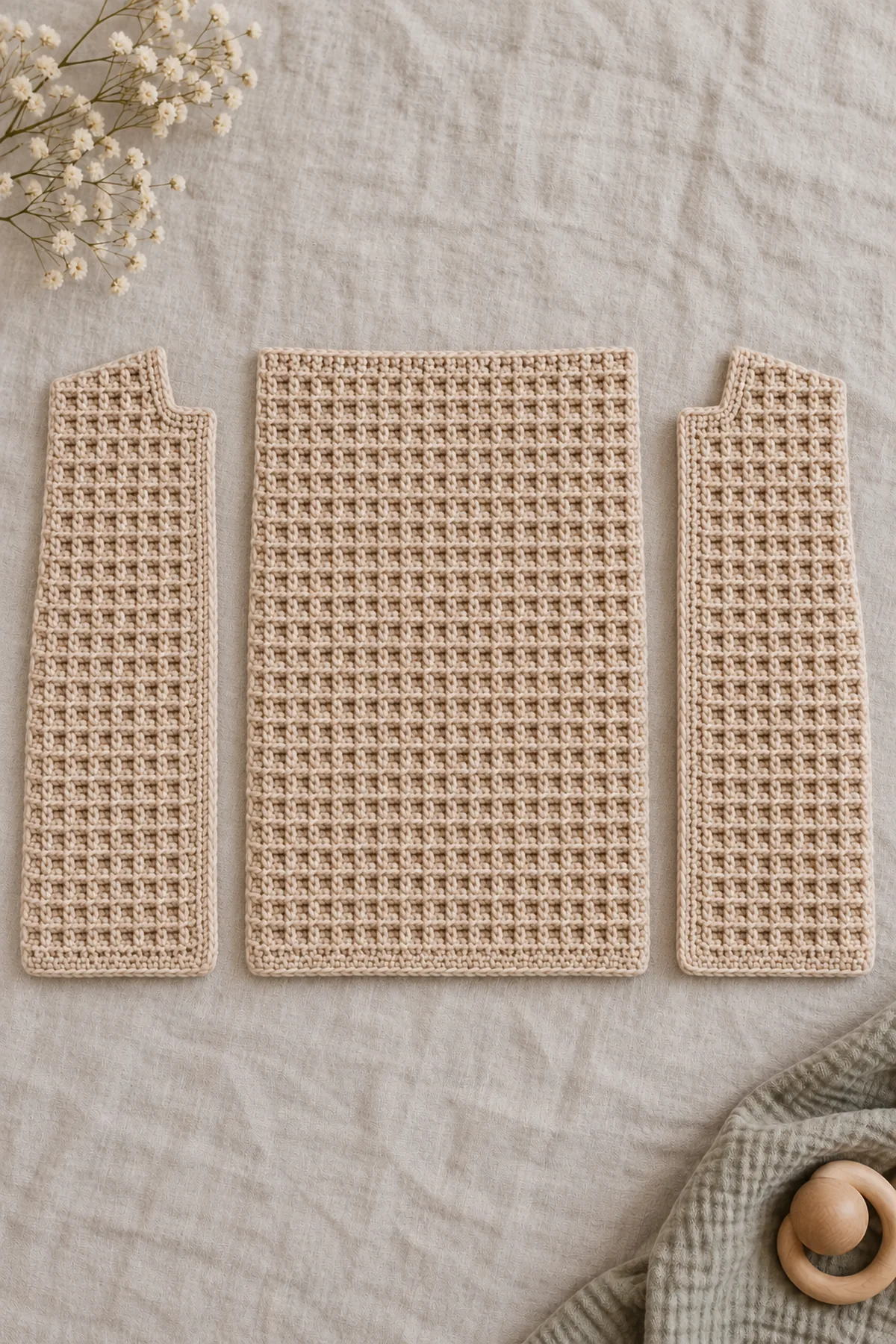 Separate warm-oat waffle back and mirrored front panels with small upper neck ledges before joining