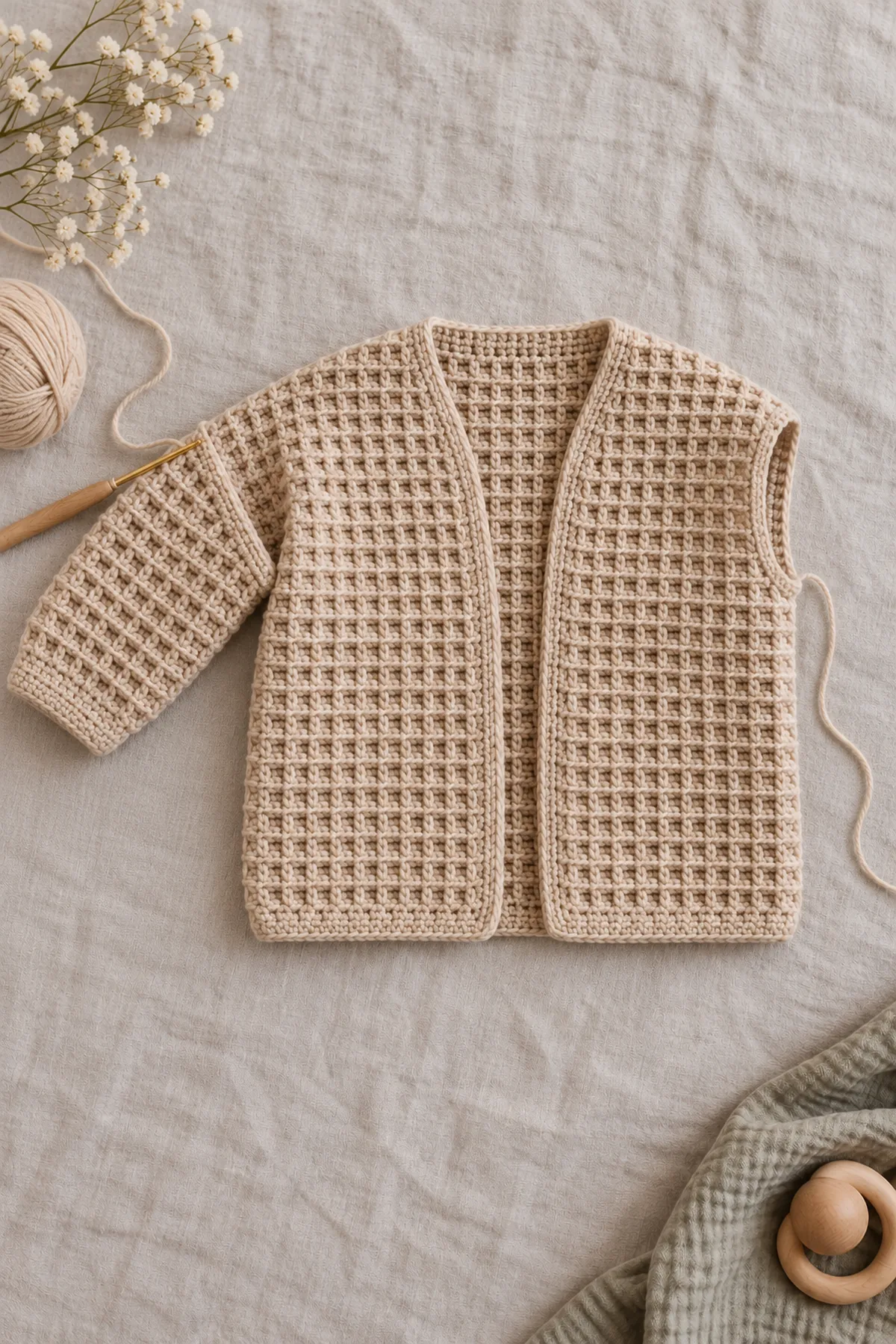 Joined warm-oat waffle cardigan body with one short picked-up sleeve in progress and opposite armhole still open