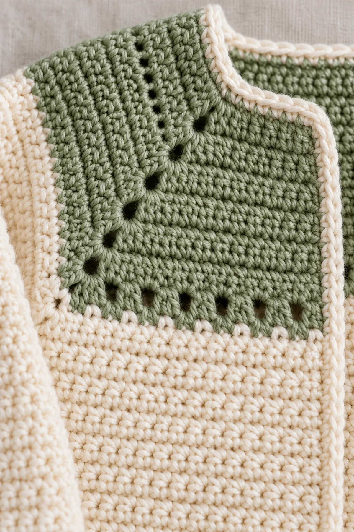 Close-up of sage counted willow-arch eyelets integrated in a square crochet yoke and a secure four-chain underarm join, no buttons