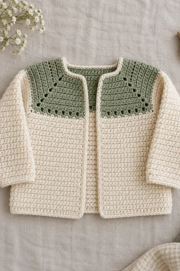 Finished original cream long-sleeve open-front crochet baby cardigan with a square sage yoke and tiny willow-arch eyelets on a neutral linen surface