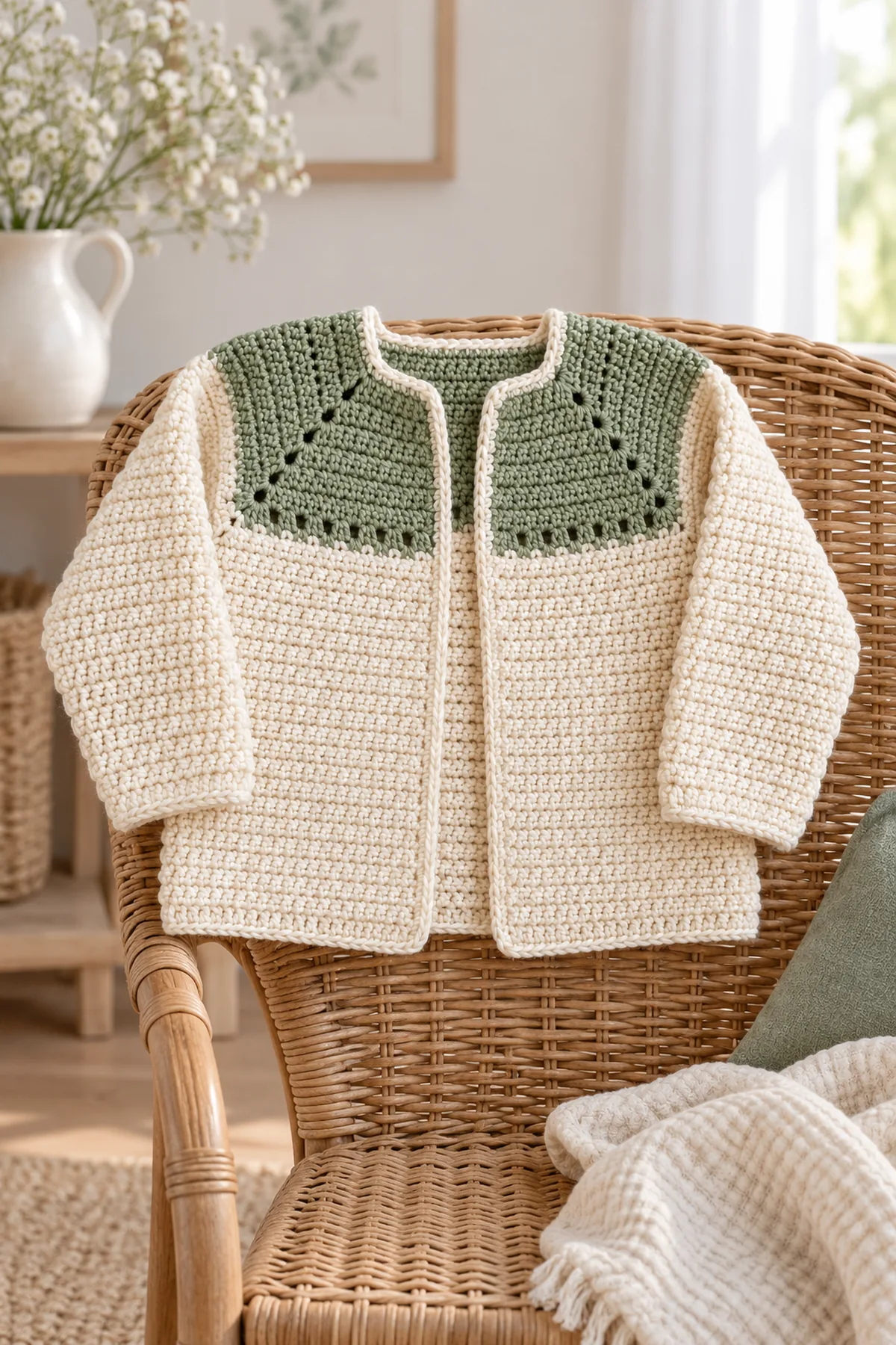 Finished cream and sage Willow-Arch square-yoke baby cardigan styled flat on linen with long sleeves and open front visible, no child or crib
