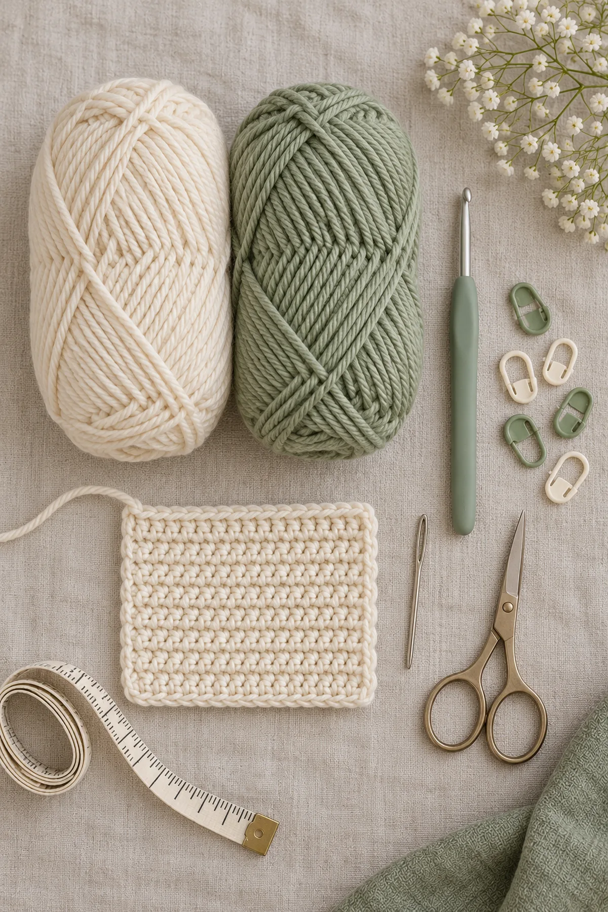 Cream and sage DK yarn, 4 mm crochet hook, stitch markers, tape measure and washed hdc swatch beside the Willow-Arch baby cardigan