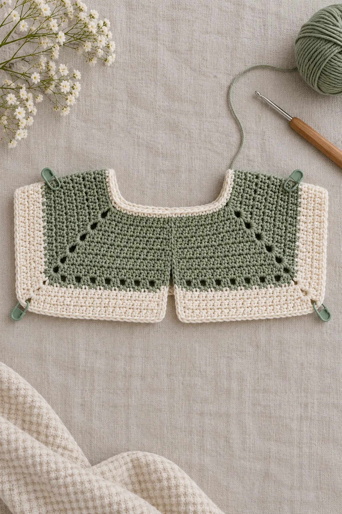Flat 112-stitch square crochet baby cardigan yoke with four marked increase corners, sage willow-arch eyelet band and cream neckline before sleeve separation