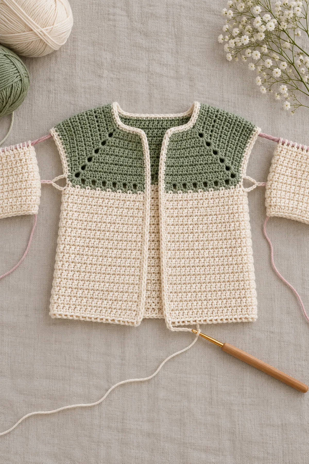 Cream baby cardigan body in progress after two 26-stitch sleeves are held and two four-chain underarm bridges made beneath sage square yoke