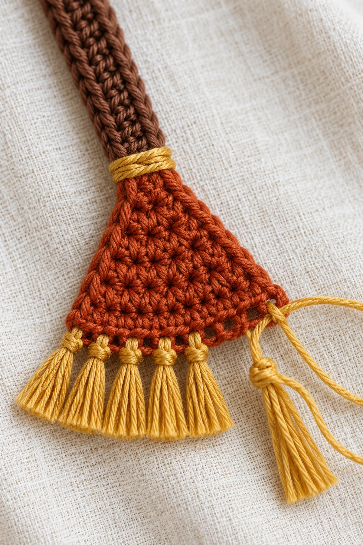 Close macro of small gold crocheted collar wrap around flat cocoa-shaft and rust-head seam, short gold doubled-thread tassel knots attached individually along the eleven-stitch wide lower edge, fine cotton texture