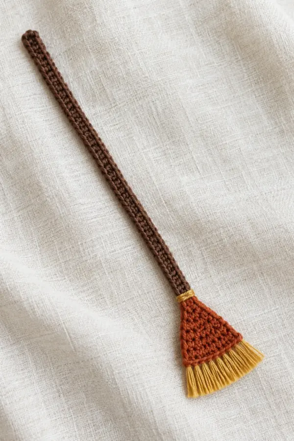 One thin flat crochet witch broom bookmark lying diagonally on ivory linen: long narrow cocoa single-crochet shaft with central raised cocoa slip-stitch line, tiny flared rust trapezoid crochet broom head, small gold band at shaft-head join, short straight gold cotton tassel bristles along broad end. No wooden stick, wire, stuffing, eyes or charm; about 7.6 inches long