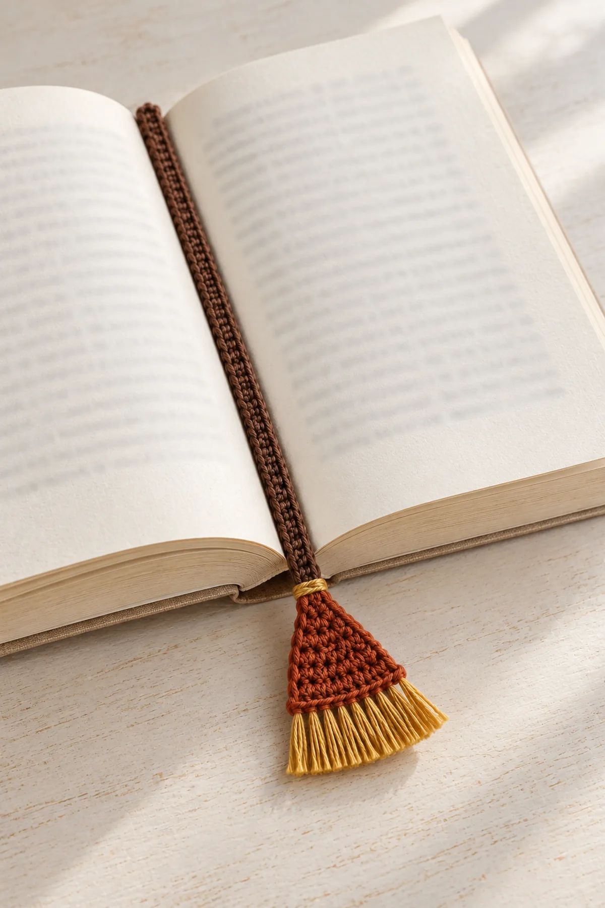 Same fine cotton broom bookmark in a plain open paperback, thin cocoa shaft between pages and rust head with short gold bristles protruding beyond the lower book edge, pale reading desk, no person, no candle, no visible printed words in focus