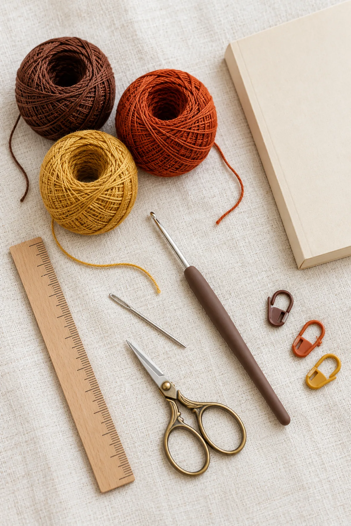 Fine cocoa rust and gold crochet cotton thread, 2 mm crochet hook, small blunt needle, ruler, scissors, markers and a plain closed paperback on ivory surface. Supplies only no finished broom