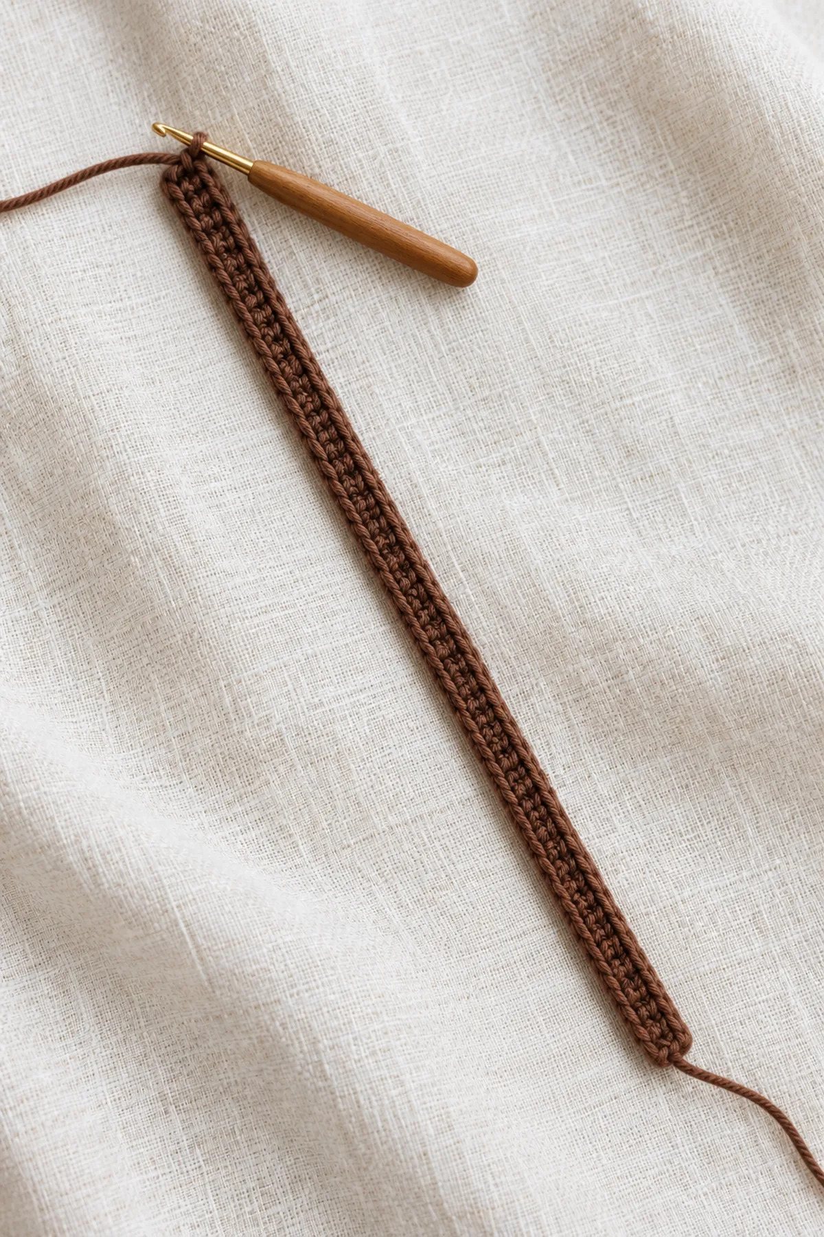 Thin flat cocoa three-stitch-wide crochet strip in progress, small hook at one end, evenly worked fine cotton rows, a loose surface slip-stitch line partly added in same cocoa color; no broom head or tassels yet