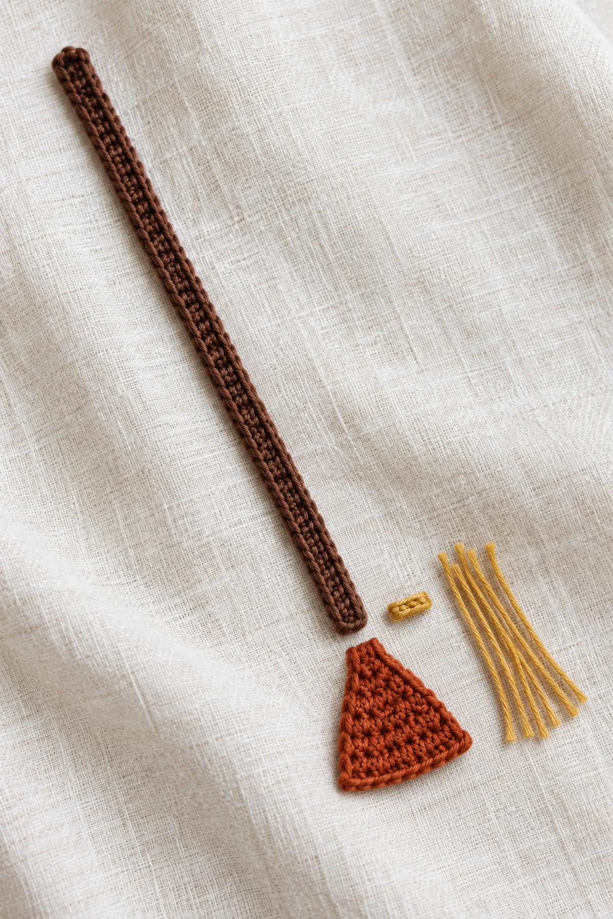 Separate thin cocoa bookmark shaft and tiny flat rust trapezoid crochet head laid end-to-end with narrow ends matching, small separate gold two-stitch strip beside them and short cut gold thread lengths; assembly not sewn, no wood