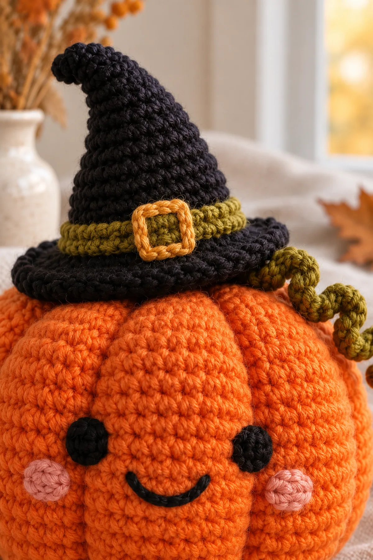 Macro of the same pumpkin's gently tensioned six ribs, secure black brim seam, fully sewn olive band and gold embroidered square buckle.