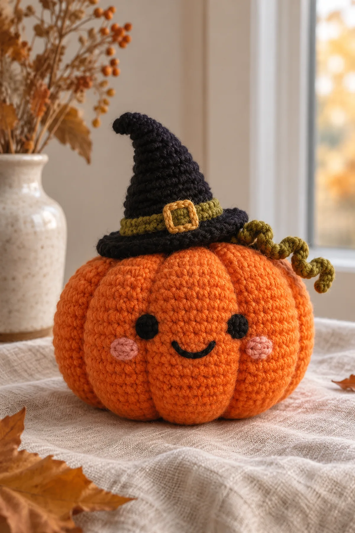 Original orange ribbed smiling pumpkin plush with a separate black pointed witch hat, olive band, yarn-embroidered gold buckle and short green curl; no cat or text.
