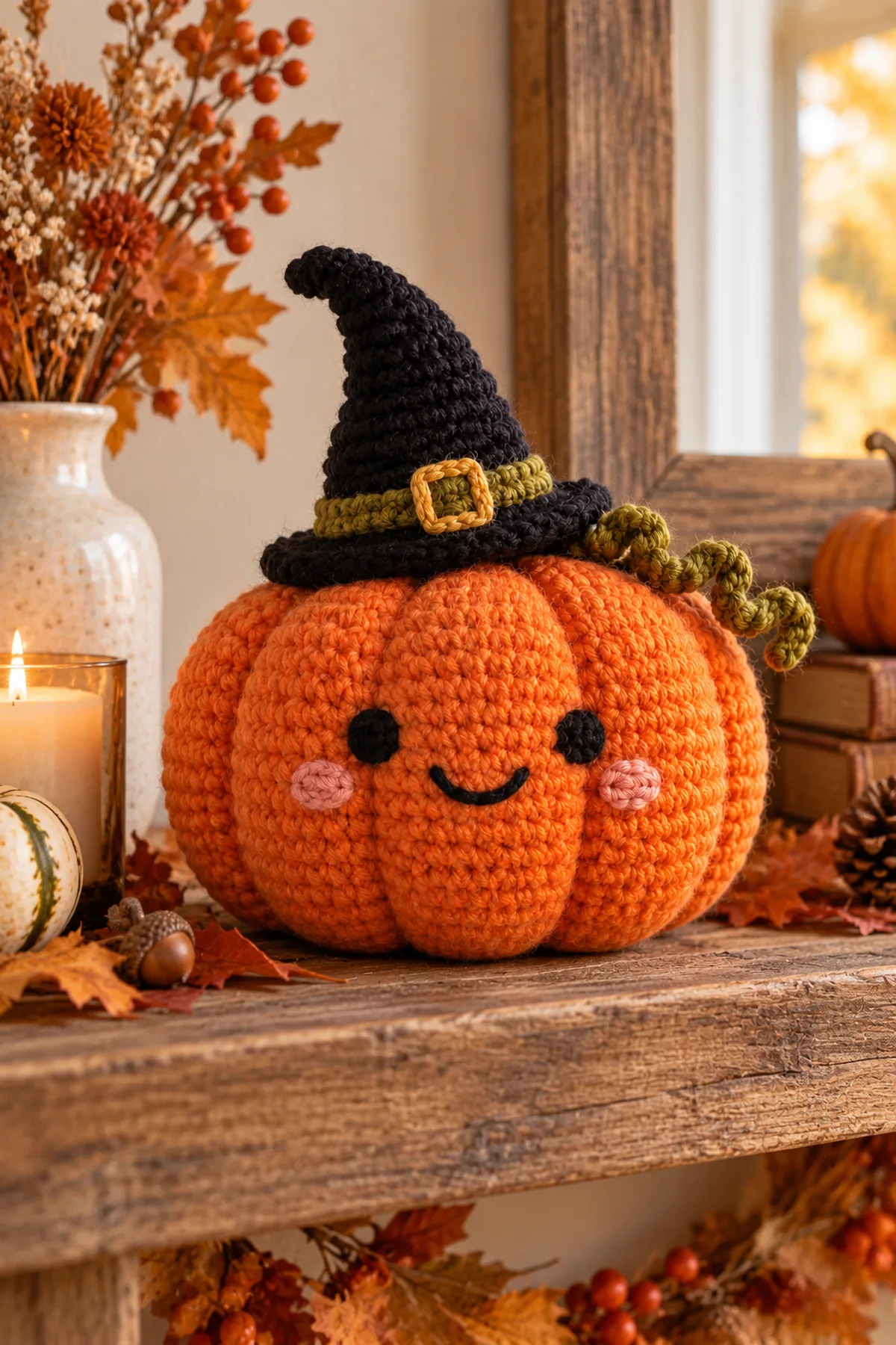 Same finished witch-hat pumpkin plush on a warm autumn shelf, olive curl to one side, full embroidered face visible; no text.