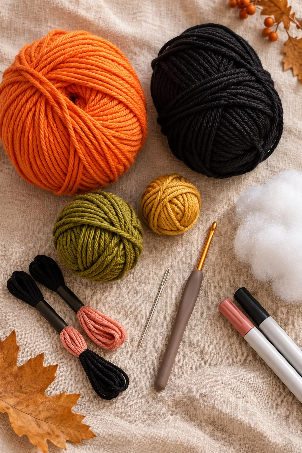 Supplies-only flat lay of orange, black and olive cotton, gold and pink embroidery yarn, hook, washable stuffing and sewing tools; no finished pumpkin.