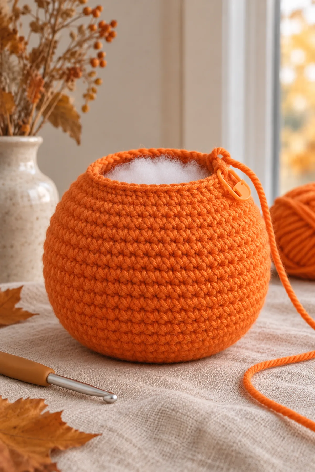 Open orange 48-stitch pumpkin body before closing, with six evenly marked exterior rib paths, no hat yet.