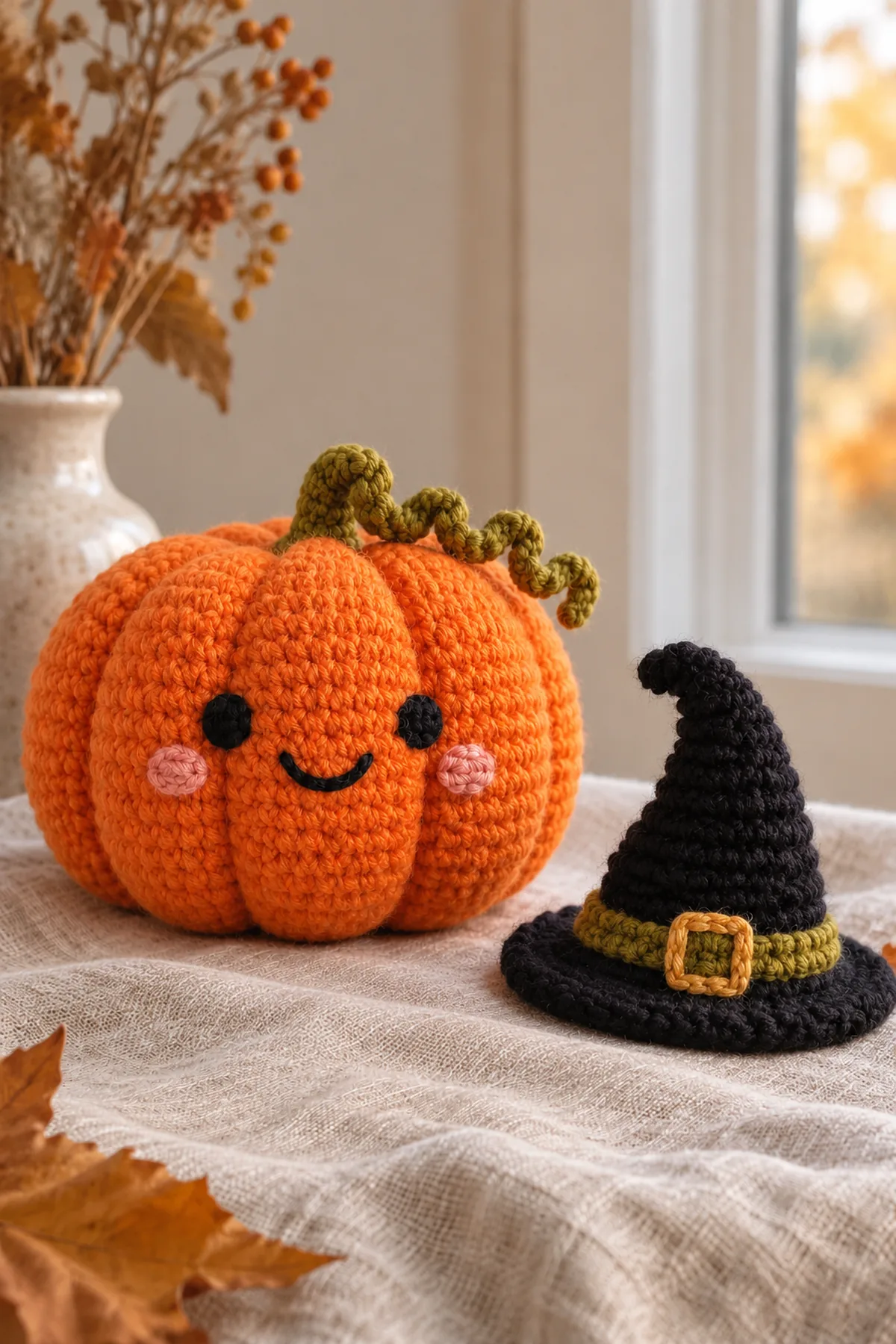 Closed smiling ribbed pumpkin beside separate unstuffed black pointed hat and brim, olive band and short curly vine before assembly.