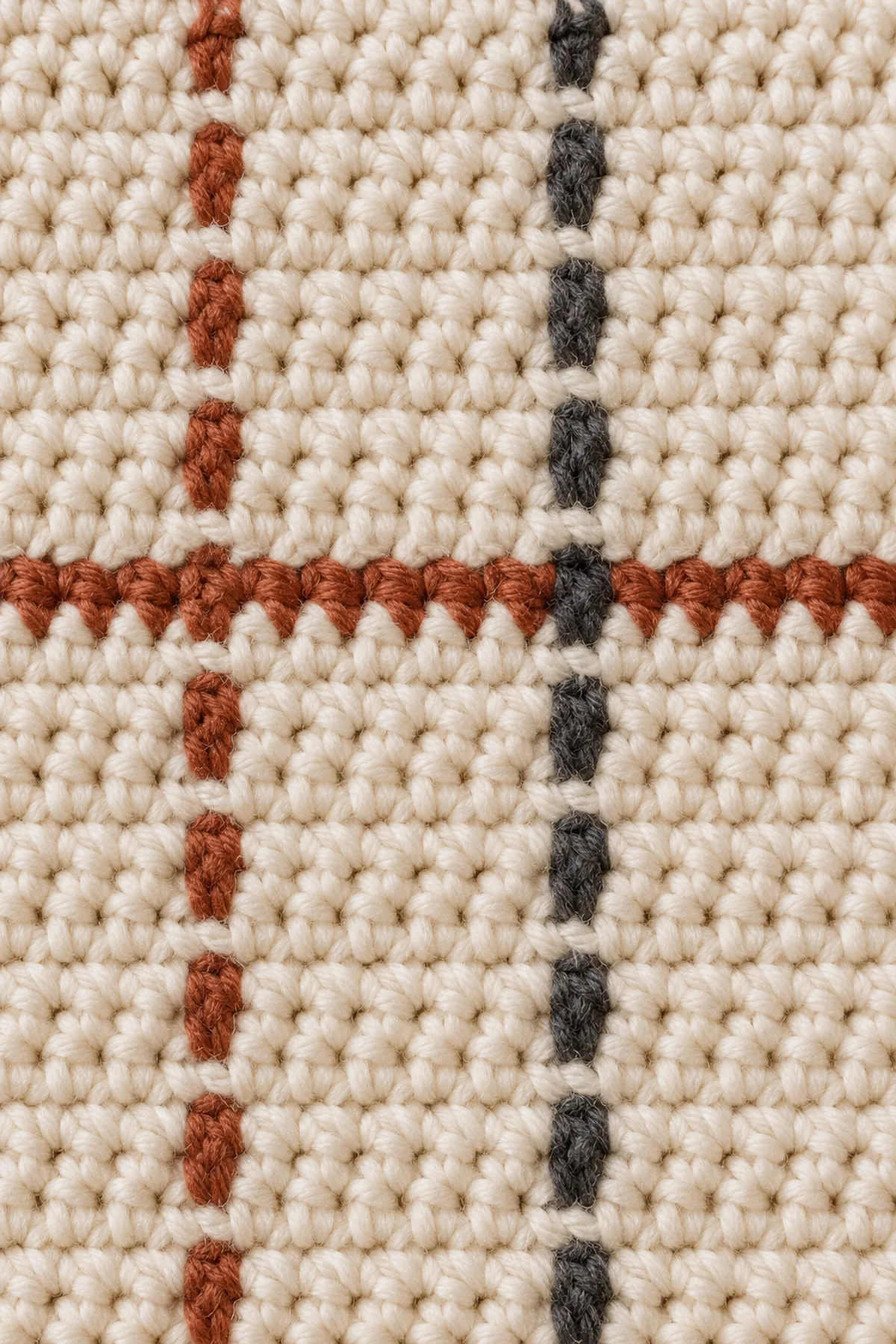 Macro of a fine rust charcoal intarsia plaid intersection in dense cream single crochet with tiny fully anchored vertical rust accent and no loose floats