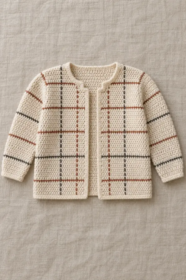 Cream crochet baby cardigan with fine interrupted rust and charcoal plaid bars on two fronts and long sleeves, plain back, open collarless neck, no hardware