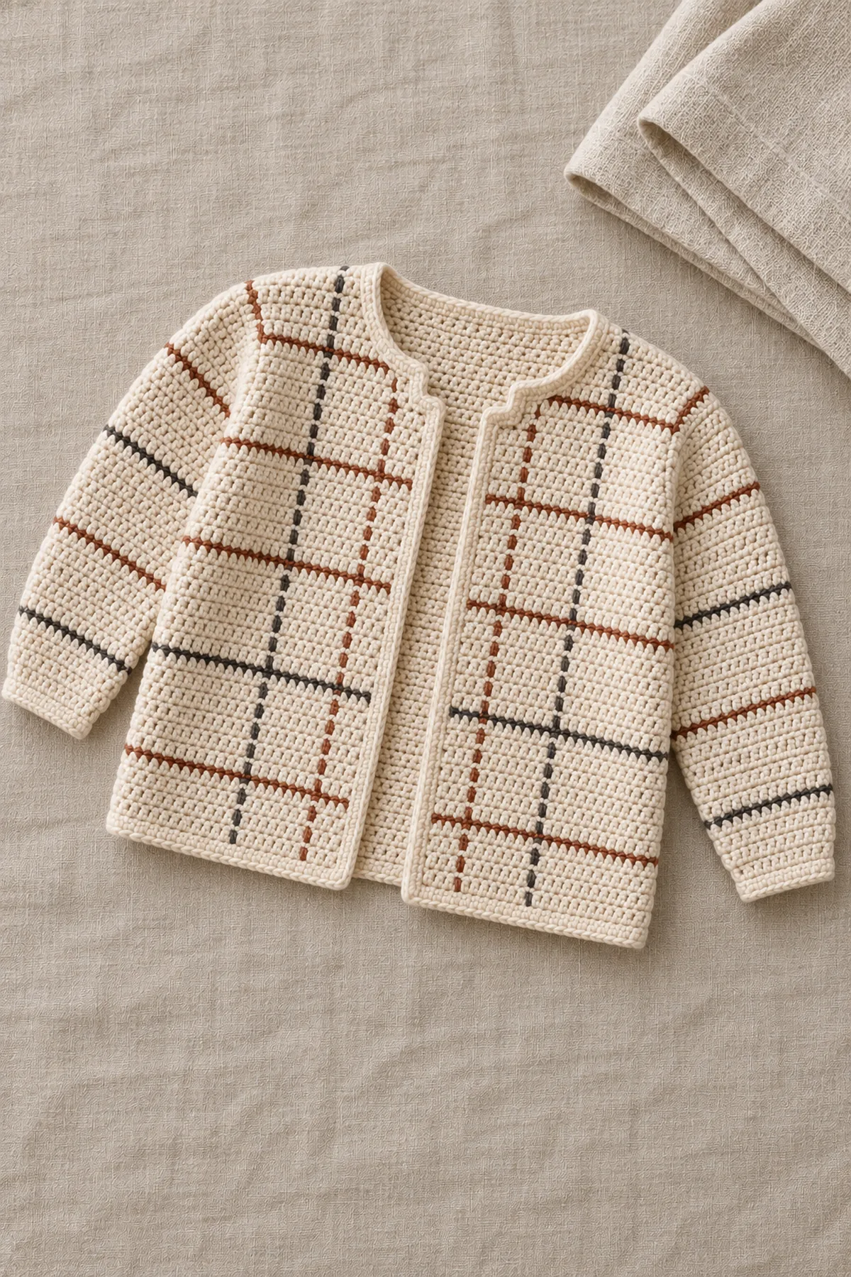 Finished cream rust charcoal fine-plaid open baby cardigan neatly flat on linen with long sleeves, no buttons or child