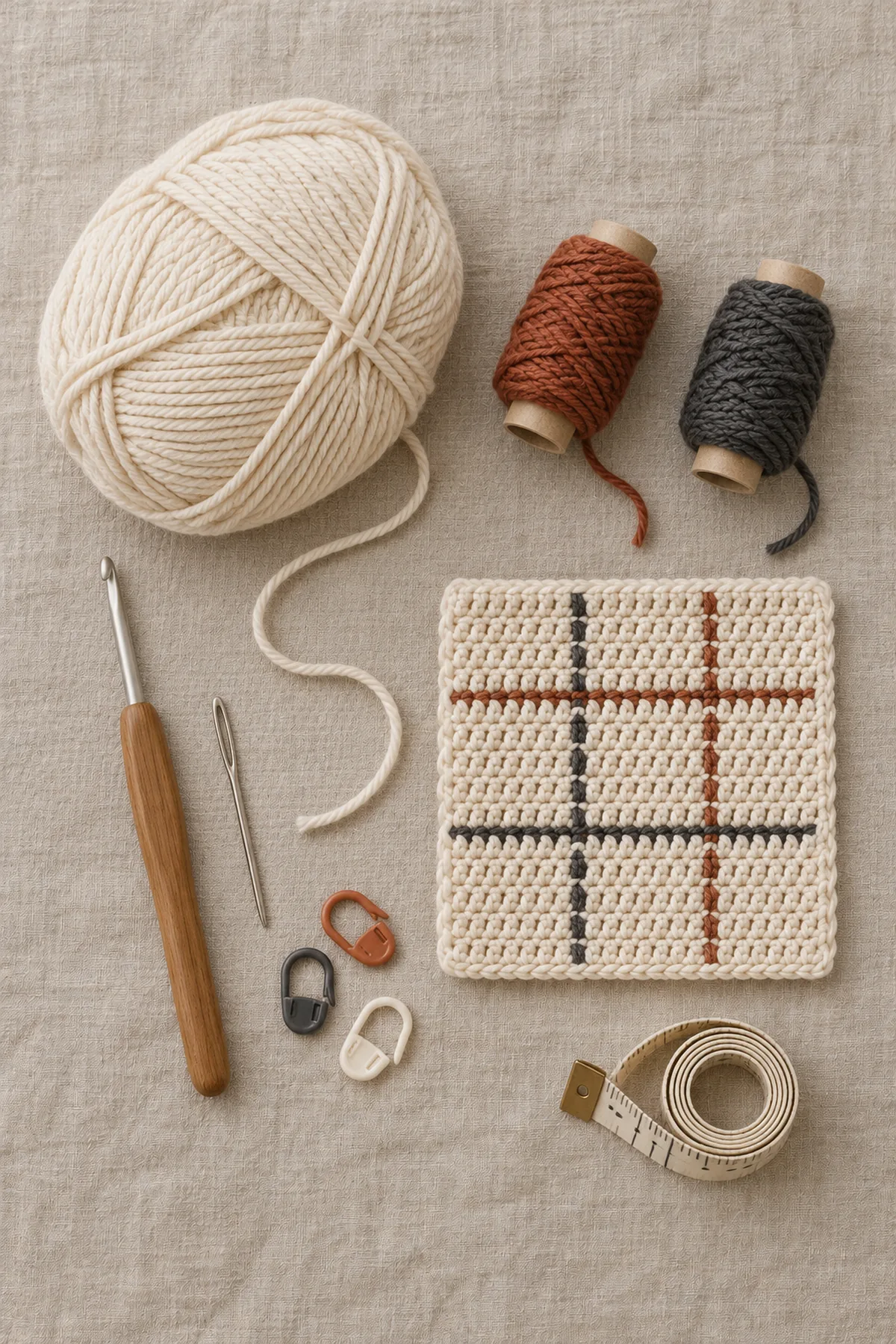 Cream rust and charcoal DK yarn on separate small bobbins, crochet hook, colorwork swatch and tape measure