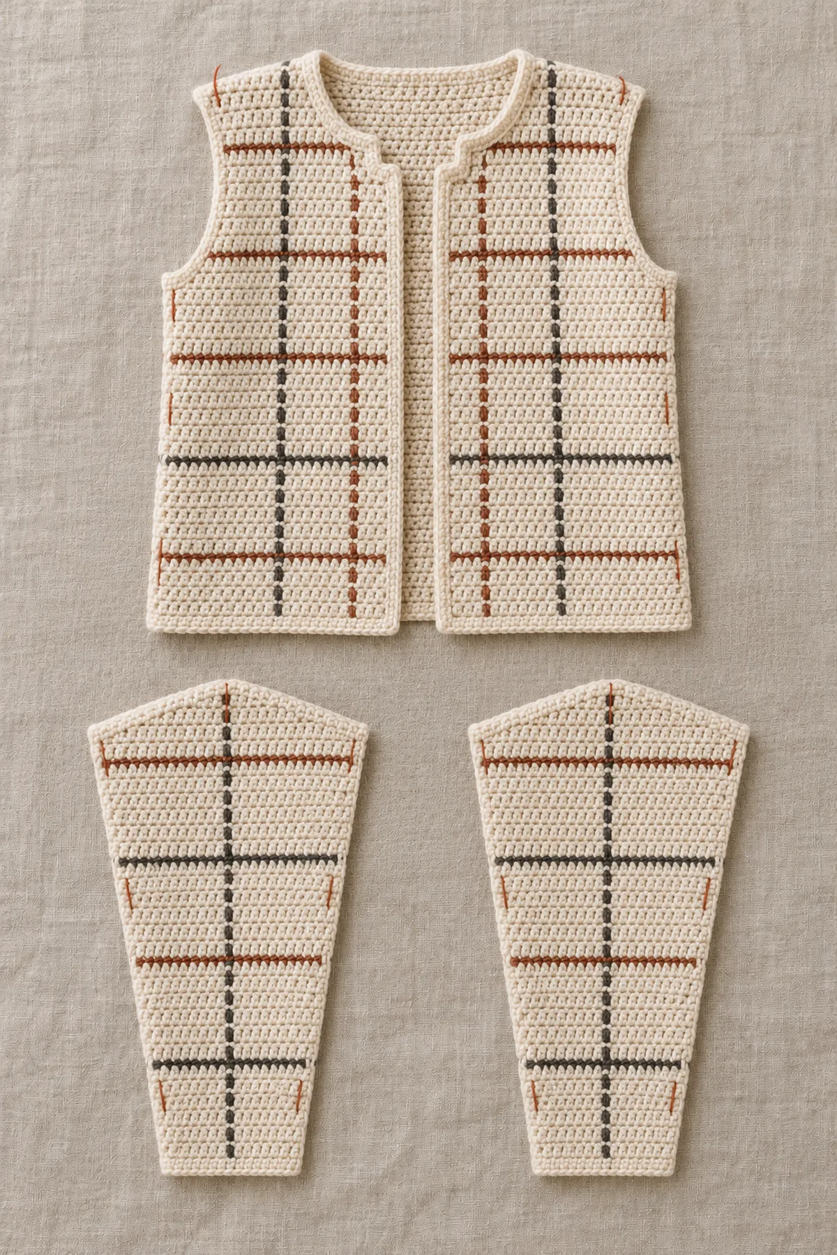 Basted cream plaid cardigan body beside two separate tapered long plaid sleeve panels, unfinished borders and visible basting markers