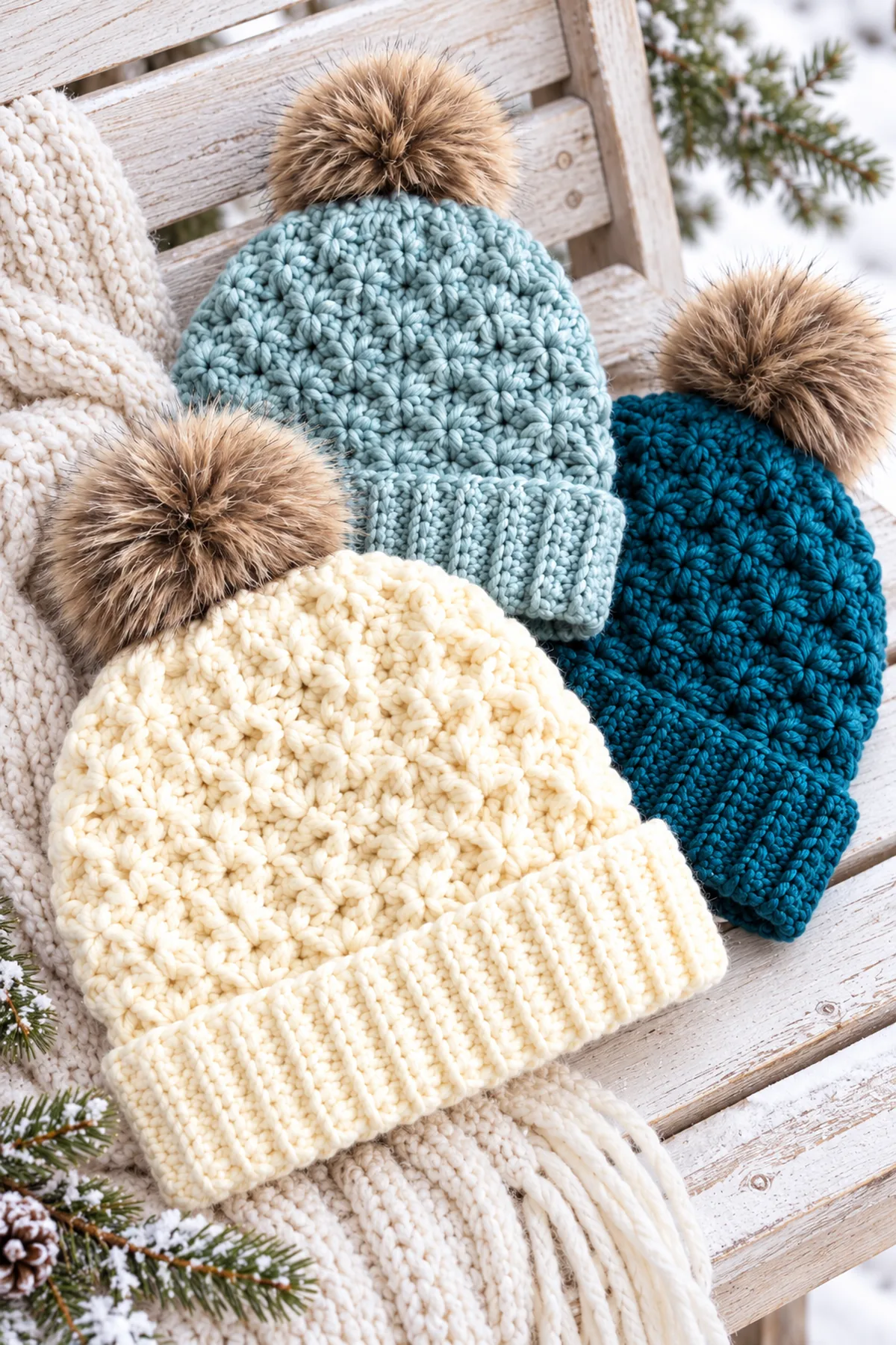 Finished cream mist-blue and deep-teal Jenna beanies arranged on a pale wooden bench with removable pompoms, no person or text.