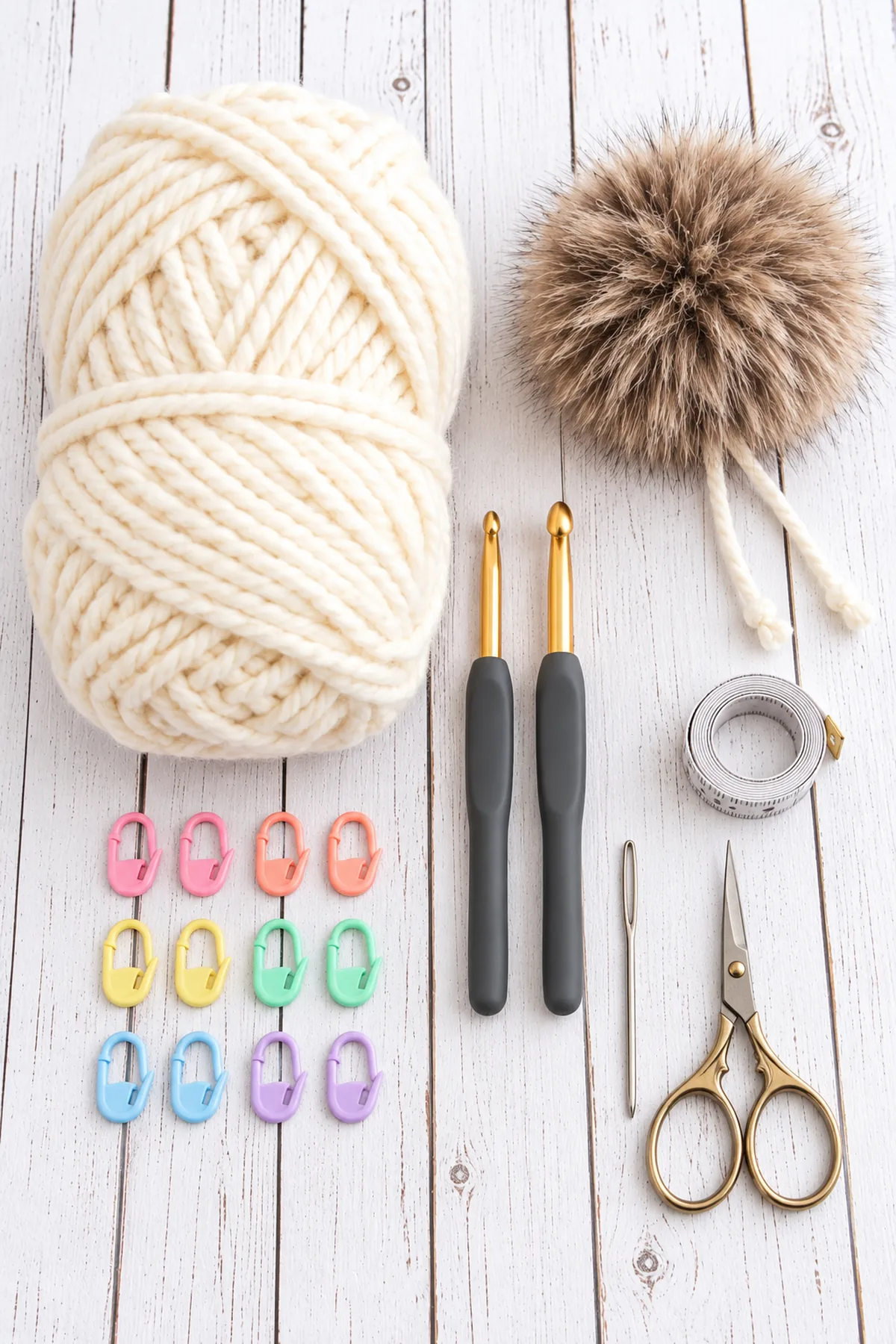 Bulky cream yarn, 6 mm and 6.5 mm hooks, markers, needle, tape, scissors and optional removable taupe faux-fur pompom; no finished hat.