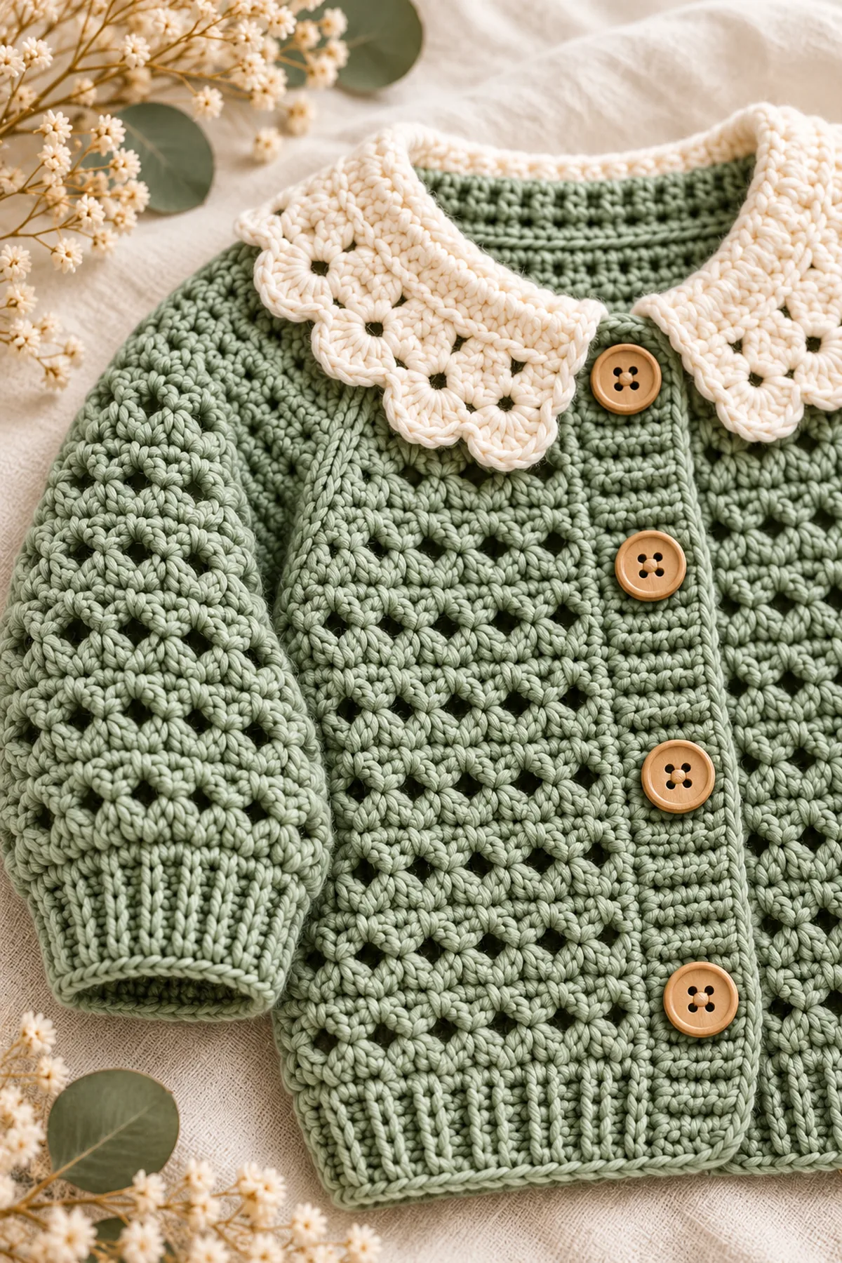 Close view of stitches and finishing on crochet dusty rose bell-sleeve baby cardigan