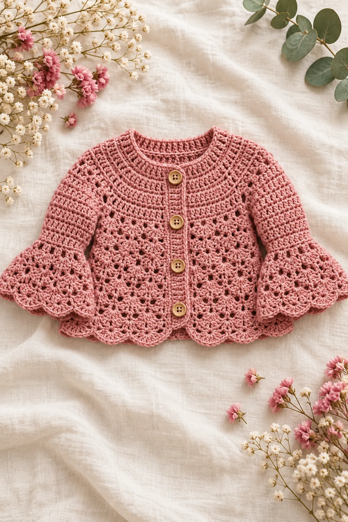 Dusty rose crochet baby cardigan with A-line body and flared bell sleeves