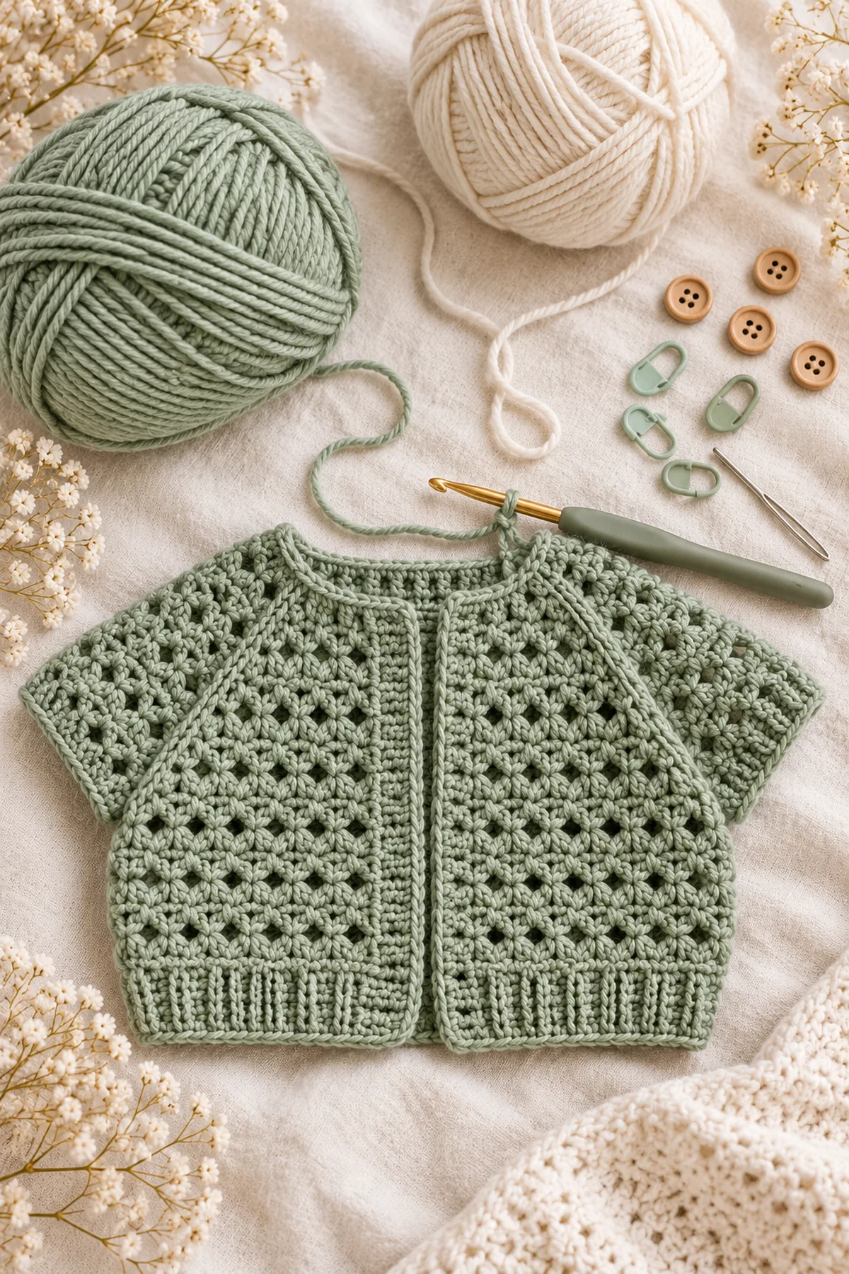Yarn, hook, markers and tools for crochet dusty rose bell-sleeve baby cardigan