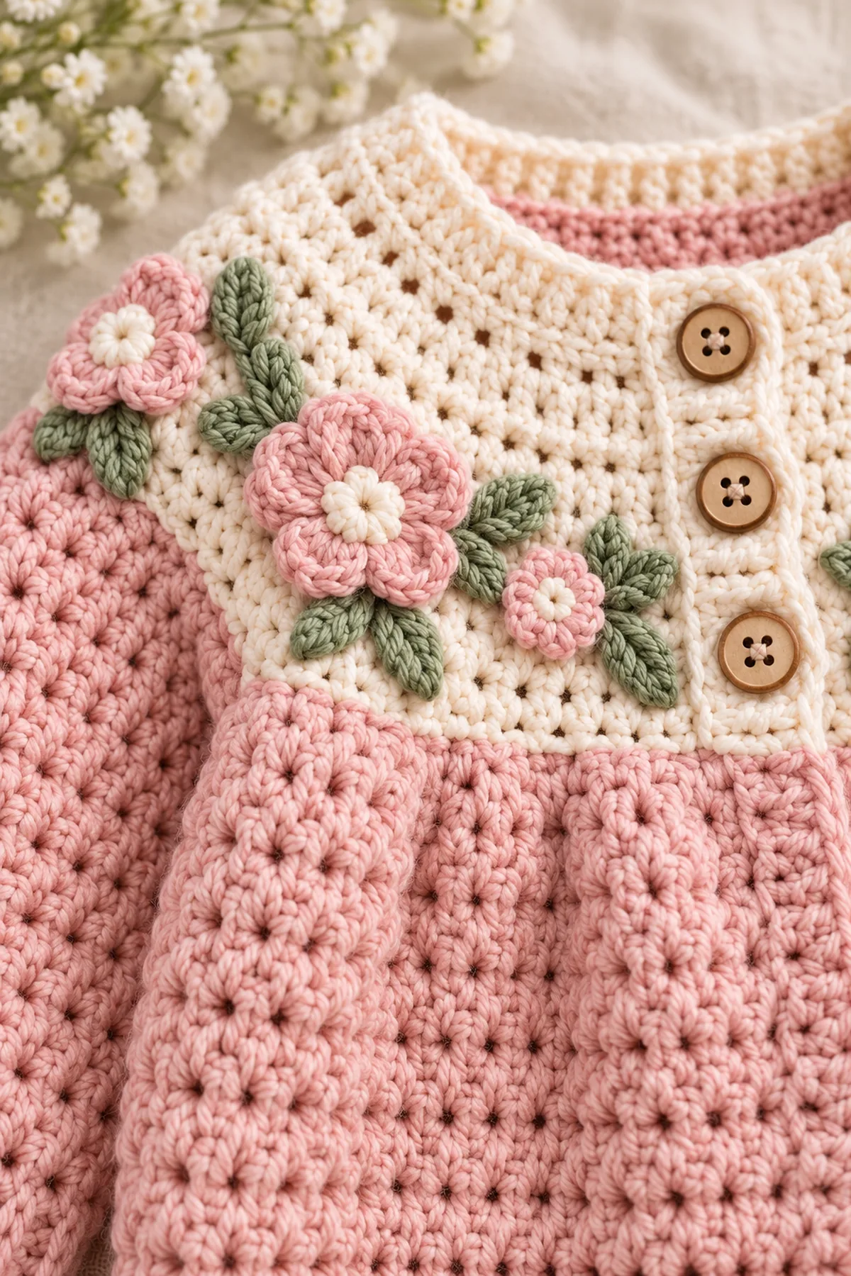 Close view of stitches and finishing on easy floral raglan baby sweater with textured panels – free pattern